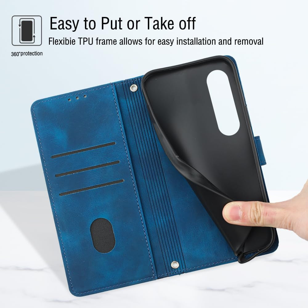 NVWA Compatible with Sony Xperia 1 V Case Wallet with Credit Card Slots Kickstand Wrist Strap and Long Lanyard Blue Leather Crossbody Protective Cover with Embossed Design  NVWA   