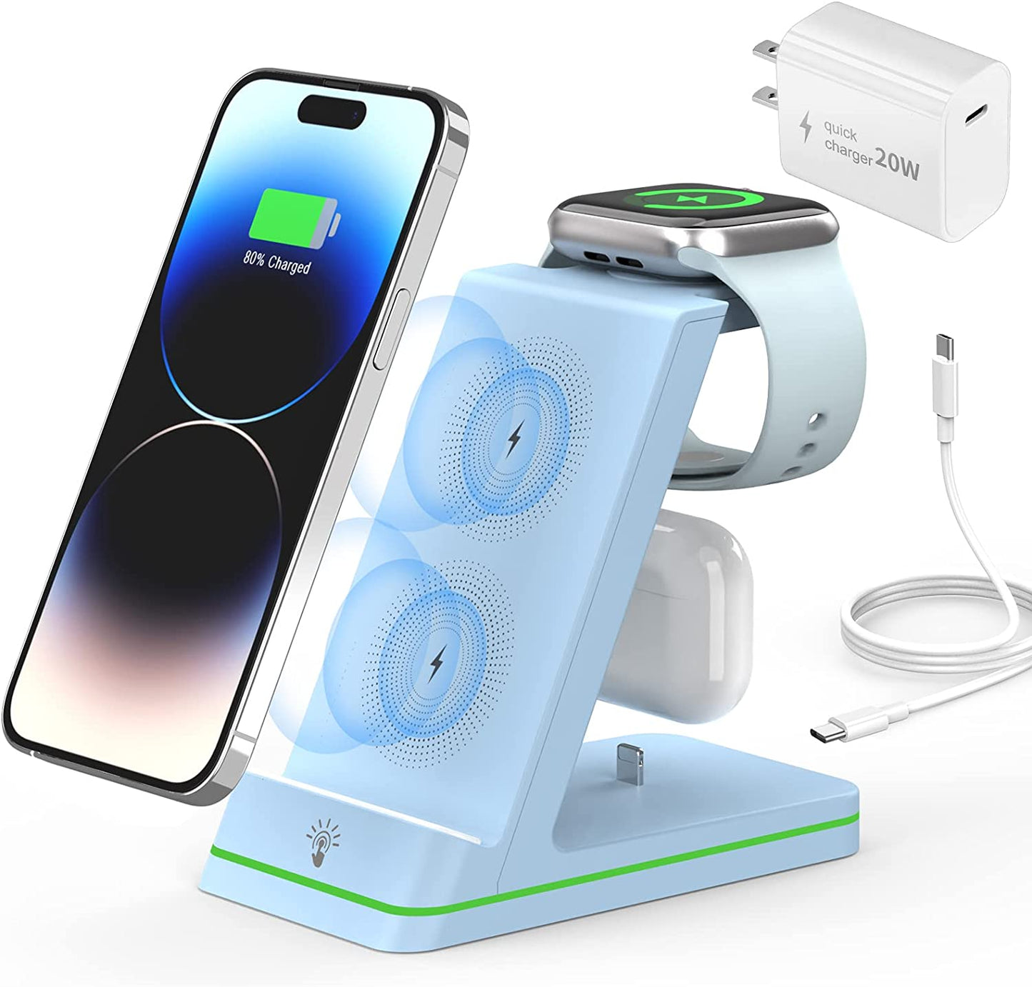 Charging Station for Apple Devices, 3 in 1 Wireless Charger Stand with 20W USB C Adapter Compatible with Iphone 14 13 12 11 Pro Max 8 XS XR, Fast Charging Stand Dock for Apple Watch Series & Airpods  HUIZHOU OJD TECHNOLOGY CO.,LTD Blue AirPods with Pin 