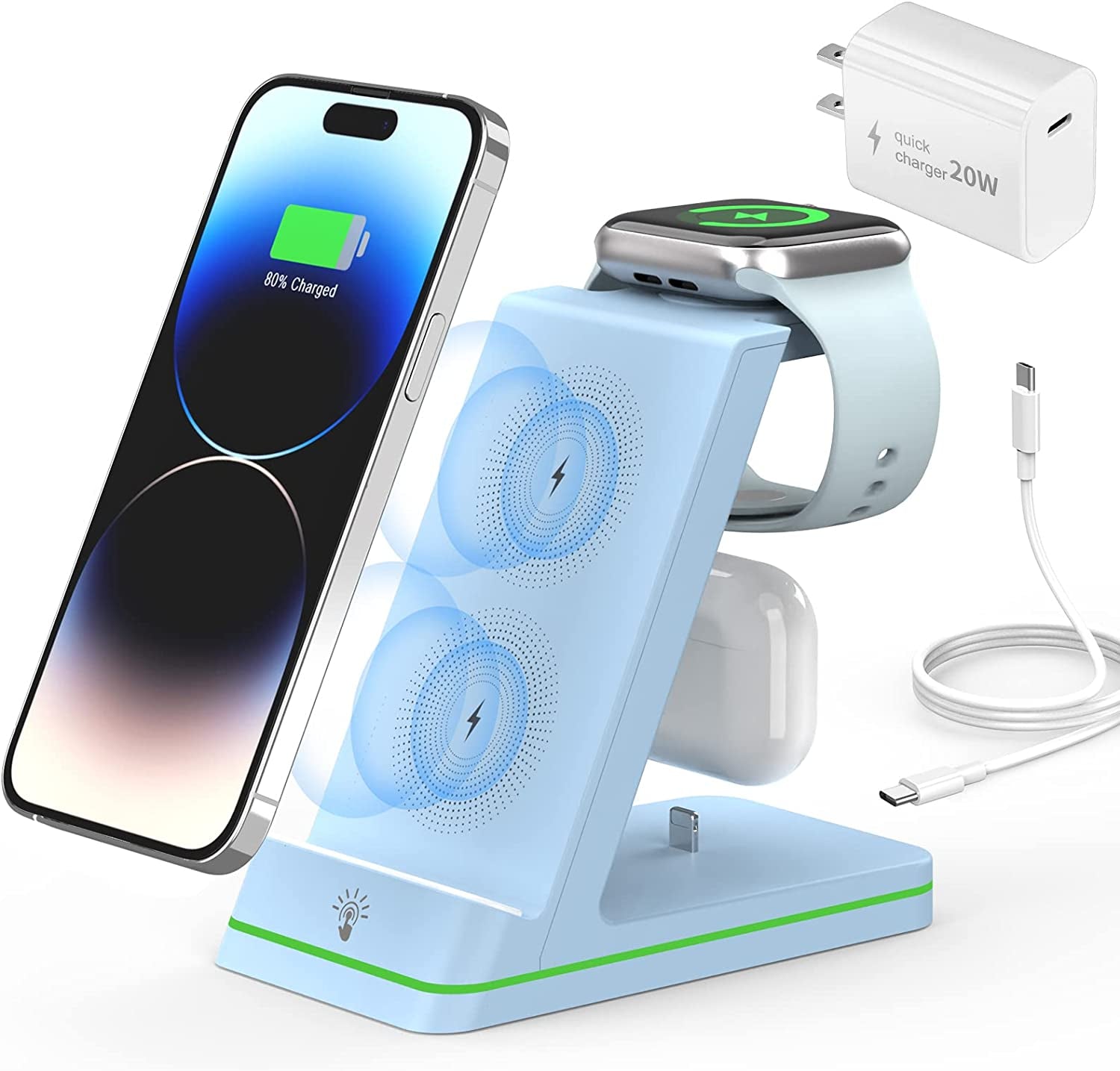Charging Station for Apple Devices, 3 in 1 Wireless Charger Stand with 20W USB C Adapter Compatible with Iphone 14 13 12 11 Pro Max 8 XS XR, Fast Charging Stand Dock for Apple Watch Series & Airpods  HUIZHOU OJD TECHNOLOGY CO.,LTD Blue AirPods with Pin 