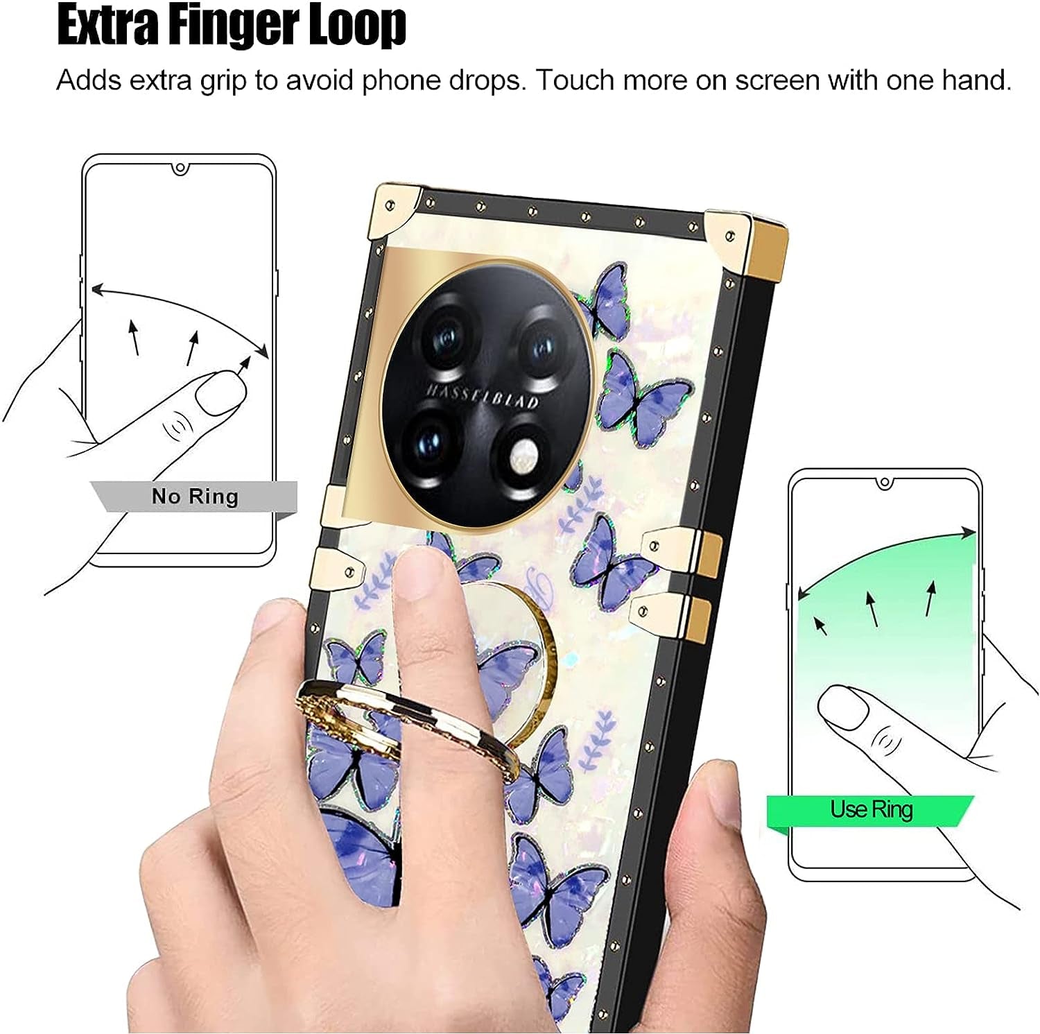 Kudini for Oneplus 11 Phone Case, Oneplus 11 5G Case for Women, Cute Square Glitter Girly Bling Stylish Retro Shock Soft TPU Protective Cover with Ring Kickstand for Oneplus 11 5G (Purple Butterfly)  KuDiNi   