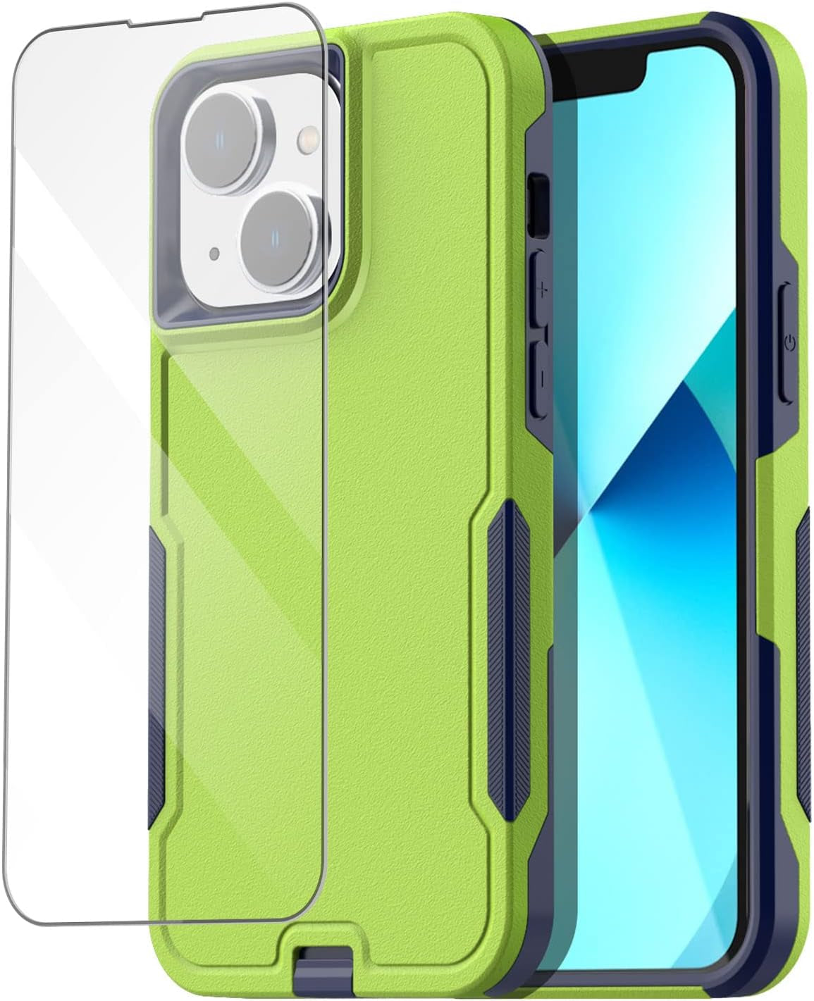 Aicase for Iphone 13 Case with Glass Screen Protector,Heavy Duty Drop Protection Full Body Rugged Shockproof Military Protective Tough Durable Cover for Iphone 13 6.1"_4  AICase Spring Green/Blue+Glass Protector  
