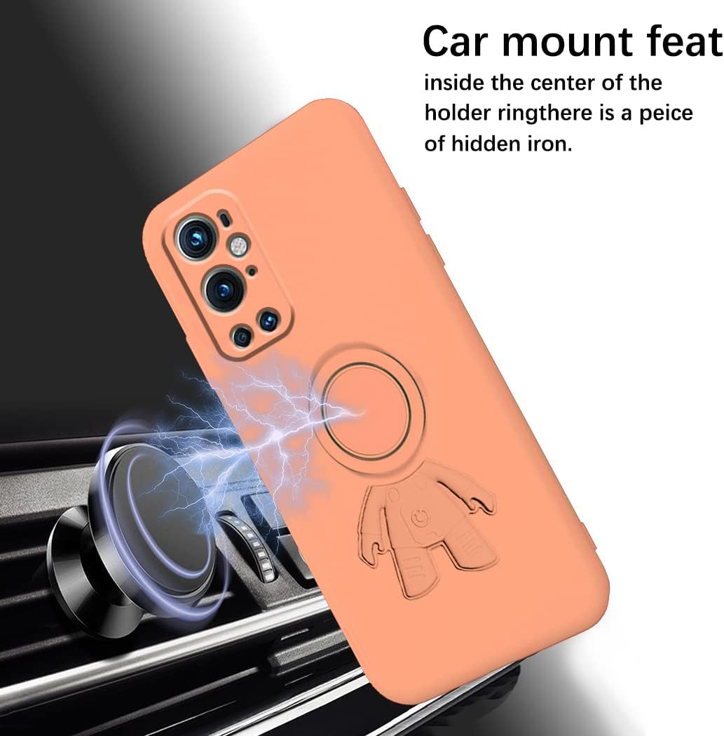 Compatible with Oneplus 9 Pro Case with Creative Astronaut Pattern Holder Green, Oneplus 9 Pro Phone Case with Ring Kickstand Silicone Shockproof Soft TPU Protective Slim Cover (Orange)  Wousunly   