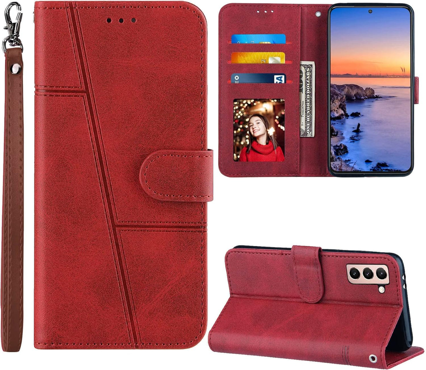Jancalm S21 Case Wallet 2022, for Galaxy S21 Case,[Wrist Strap][Card Holder Slots][Kickstand] Premium PU Leather S21 Phone Case Flip Cover Magnetic Protective for Samsung Galaxy S21 5G (Black)  JanCalm Red  