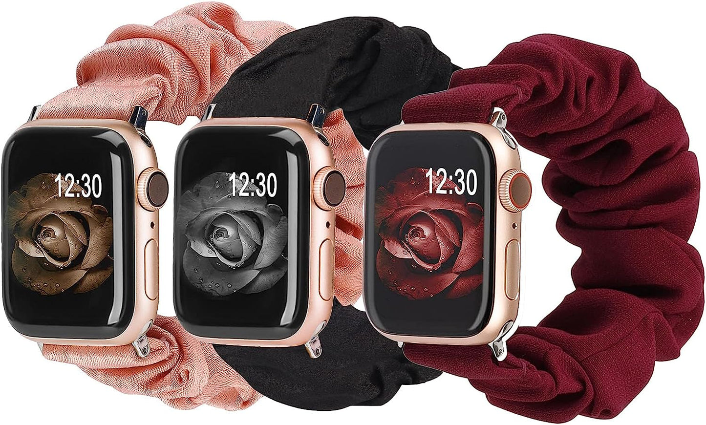 TOYOUTHS 3 Packs Compatible with Apple Watch Band Scrunchies 49Mm(Ultra)/45Mm/44Mm/42Mm Cloth Soft Pattern Printed Fabric Bracelet Women Iwatch Elastic Scrunchy Band Series SE 8 7 6 5 4 3 2 1 S/M  TOYOUTHS Black/Wine/Pink 41/40/38mm M/L(6.0" - 6.9" Wrist) 