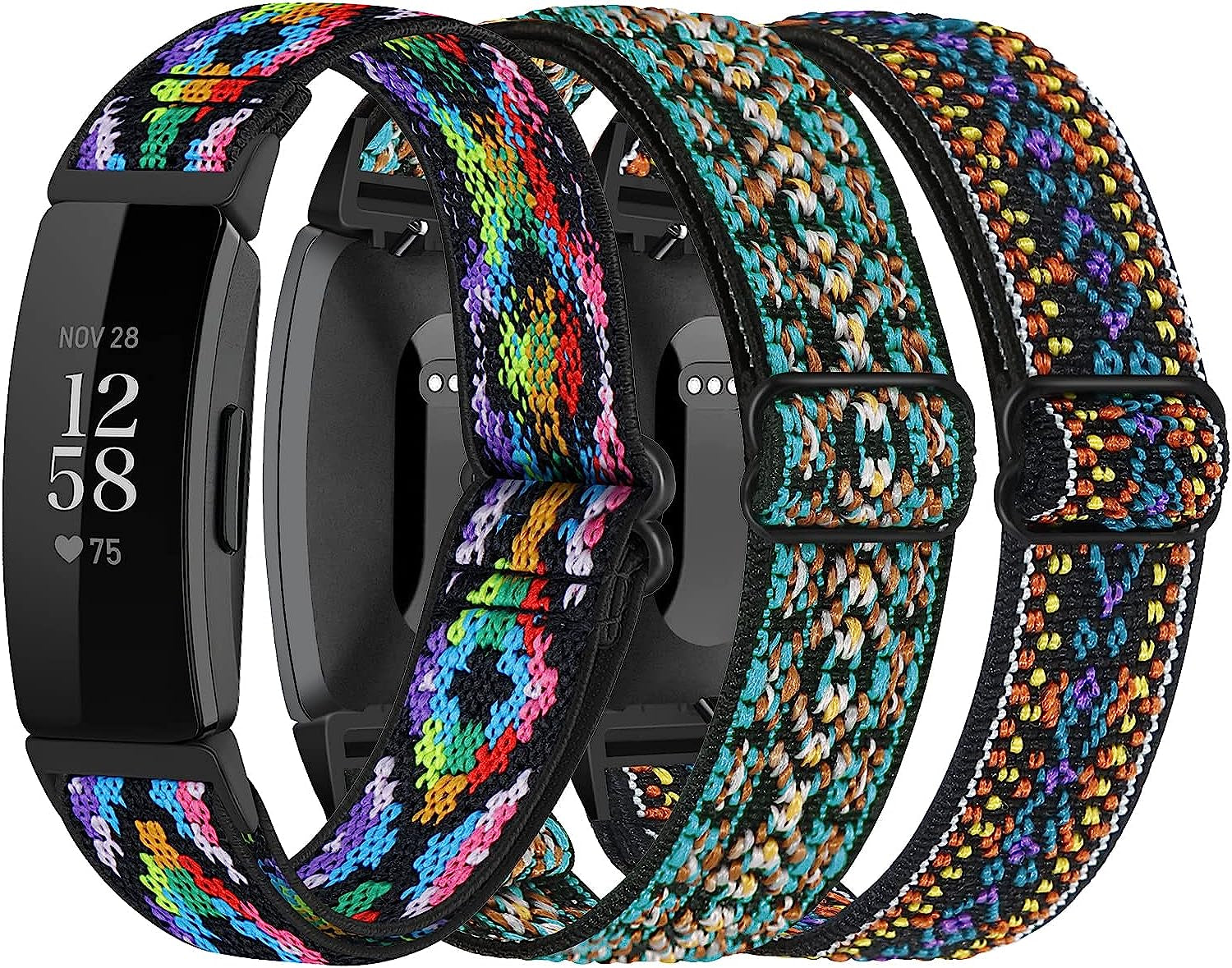 3-Pack Elastic Nylon Bands Compatible with Fitbit Inspire 2 / Inspire Hr/Inspire/Ace 2, Soft Adjustable Solo Loop Replacement Straps for Fitbit Inspire Fitness Tracker Women Men  DKGKOO Boho Green+Boho Purple+Boho Color  