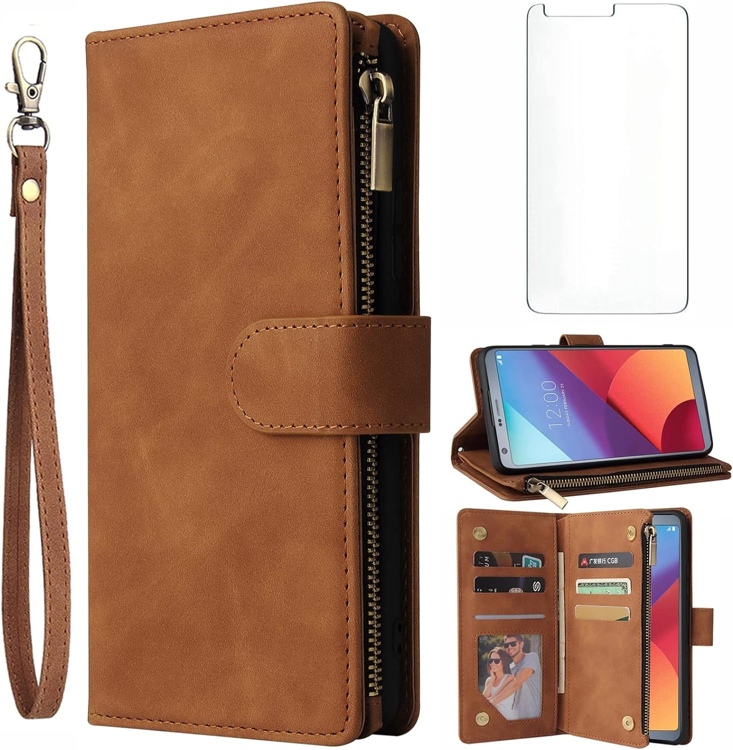 Asuwish Compatible with LG G6 Wallet Case and Tempered Glass Screen Protector Flip Cover Card Holder Stand Cell Accessories Phone Cases for LGG6 Thinq LG6 Thin Q G 6 plus G6+ 6G VS988 H872 Women Brown  Asuwish   