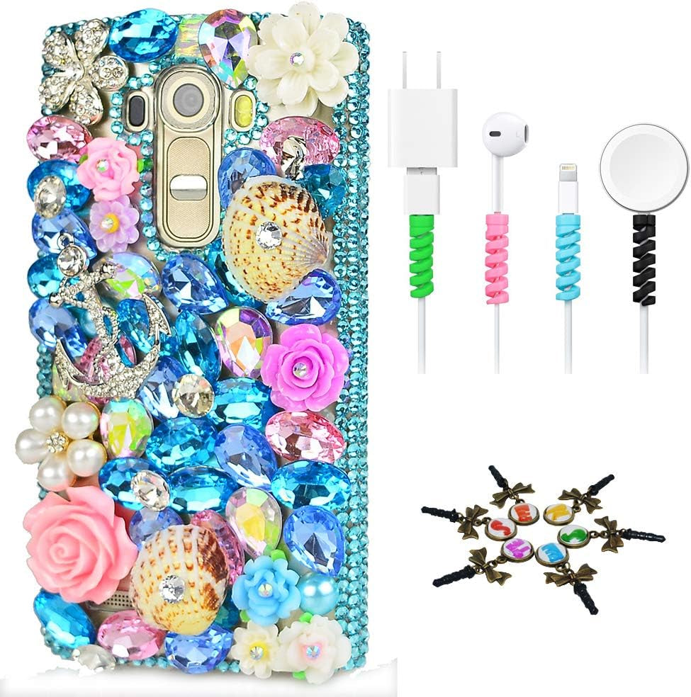 STENES Bling Case Compatible with LG G8 Thinq - Stylish - 3D Handmade Sparkle Series Anchor Shell Rose Flowrs Design Cover with Cable Protector [4 Pack] - Novy Blue  STENES   