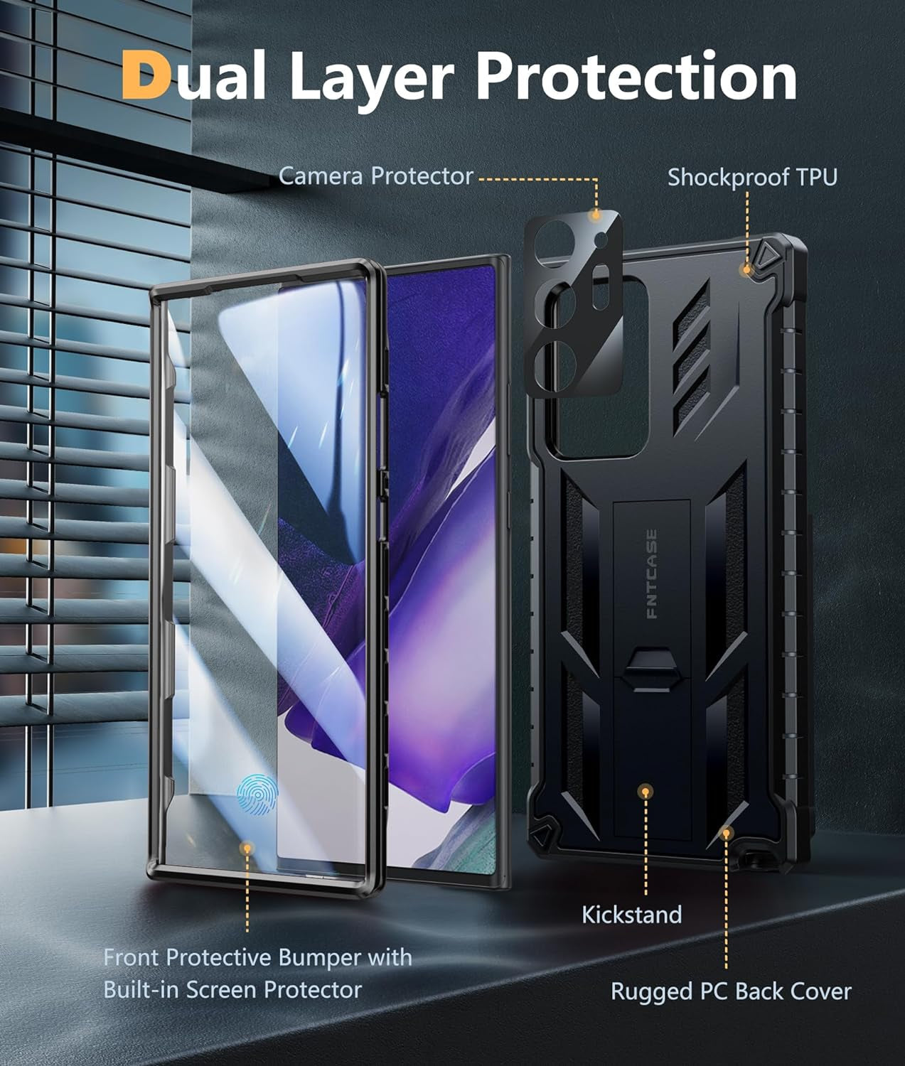 FNTCASE for Samsung Galaxy Note-20-Ultra Case: Military Grade Drop Proof Protection Phone Cover with Kickstand | Heavy Duty Shockproof Matte Textured Note20 Ultra 4G 5G Cases - 6.9 Inches Black  FNTCASE   