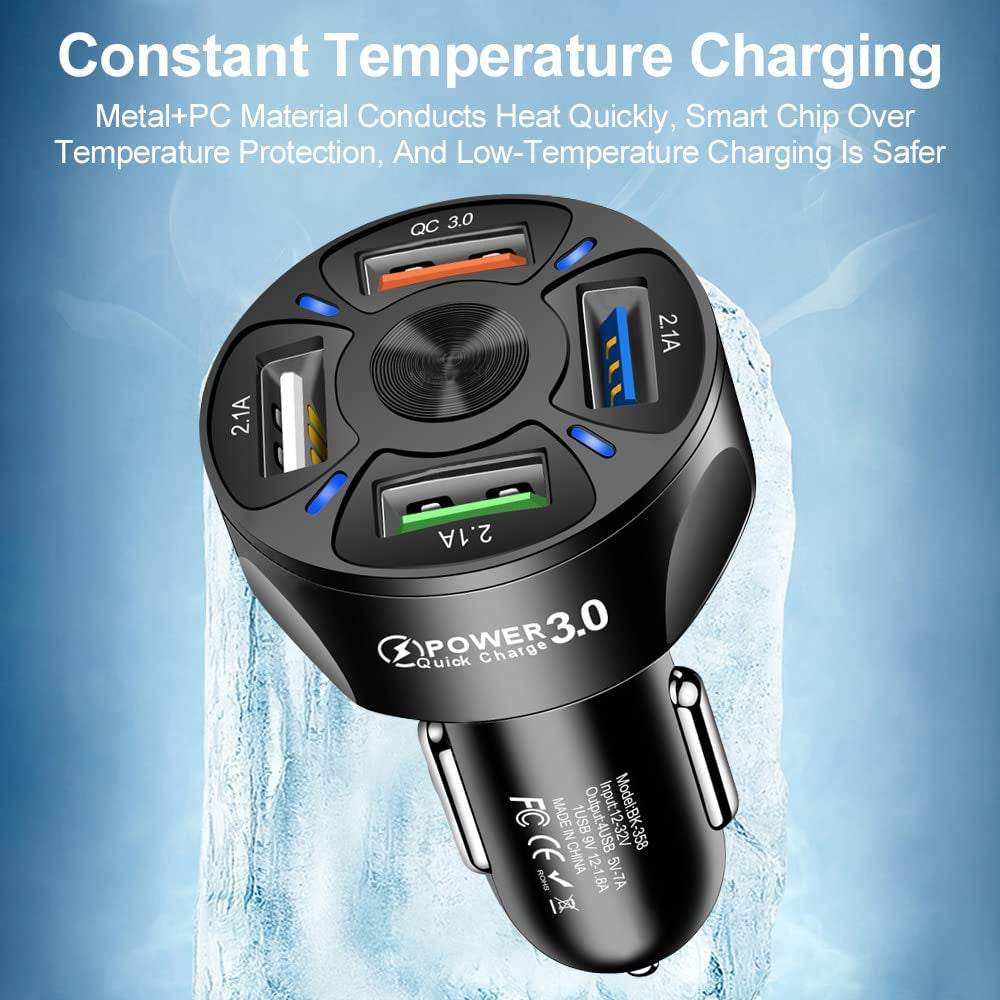 4-Port Car Charger Adapter,Qc3.0 Fast Charging with LED Light Display Cigarette Lighter USB Charger Compatible with Iphone 14 Pro MAX/13 Macbook Pro Ipad Pro Galaxy All Smart (Black)  Shenzhen Baixas Technology Co., Ltd   