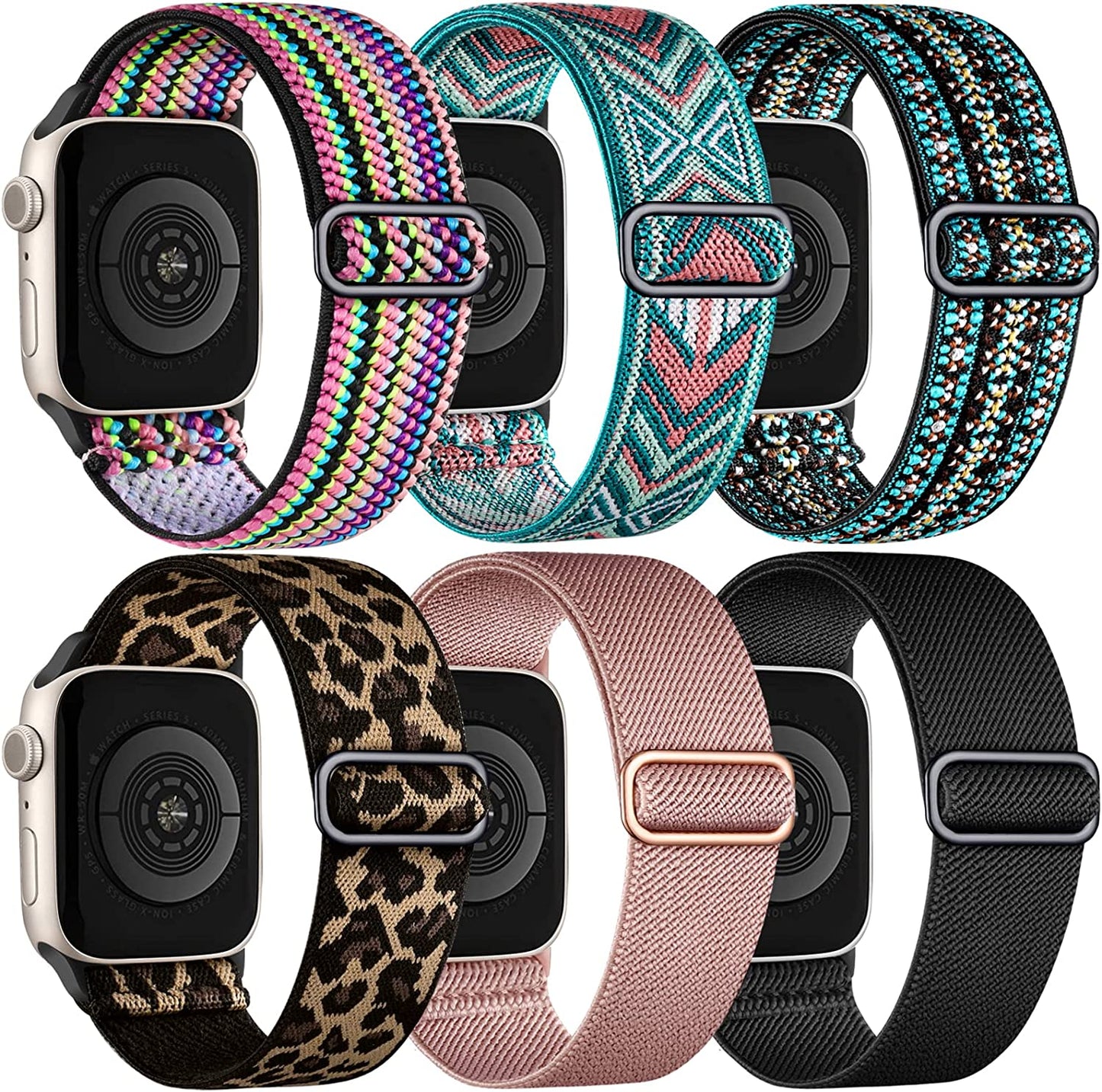 WJK Stretchy Nylon Solo Loop Bands Compatible with Apple Watch 38Mm 40Mm 41Mm 42Mm 44Mm 45Mm 49Mm for Women Men, Adjustable Braided Sport Elastic Wristbands for Iwatch Ultra SE Series 8 7 6 5 4 3 2 1, 6 Packs  WJK   