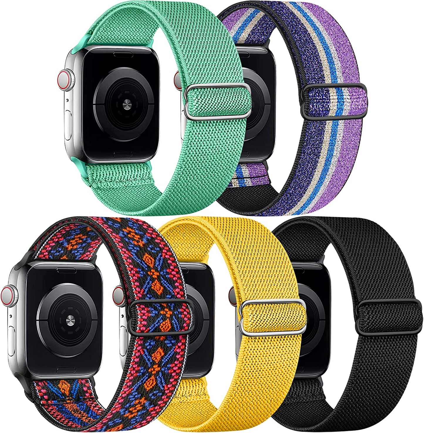 Cangroo 5 Pack Stretchy Nylon Bands Compatible with Apple Watch Band 38Mm 40Mm 41Mm 42Mm 44Mm 45Mm 49Mm for Women Men, Elastic Solo Loop Braided Wristbands for Iwatch SE Ultra Series 8 7 6 5 4 3 2 1  Cangroo Turquoise/Bling Purple/Red Boho/Yellow/Black 42mm/44mm/45mm/49mm 