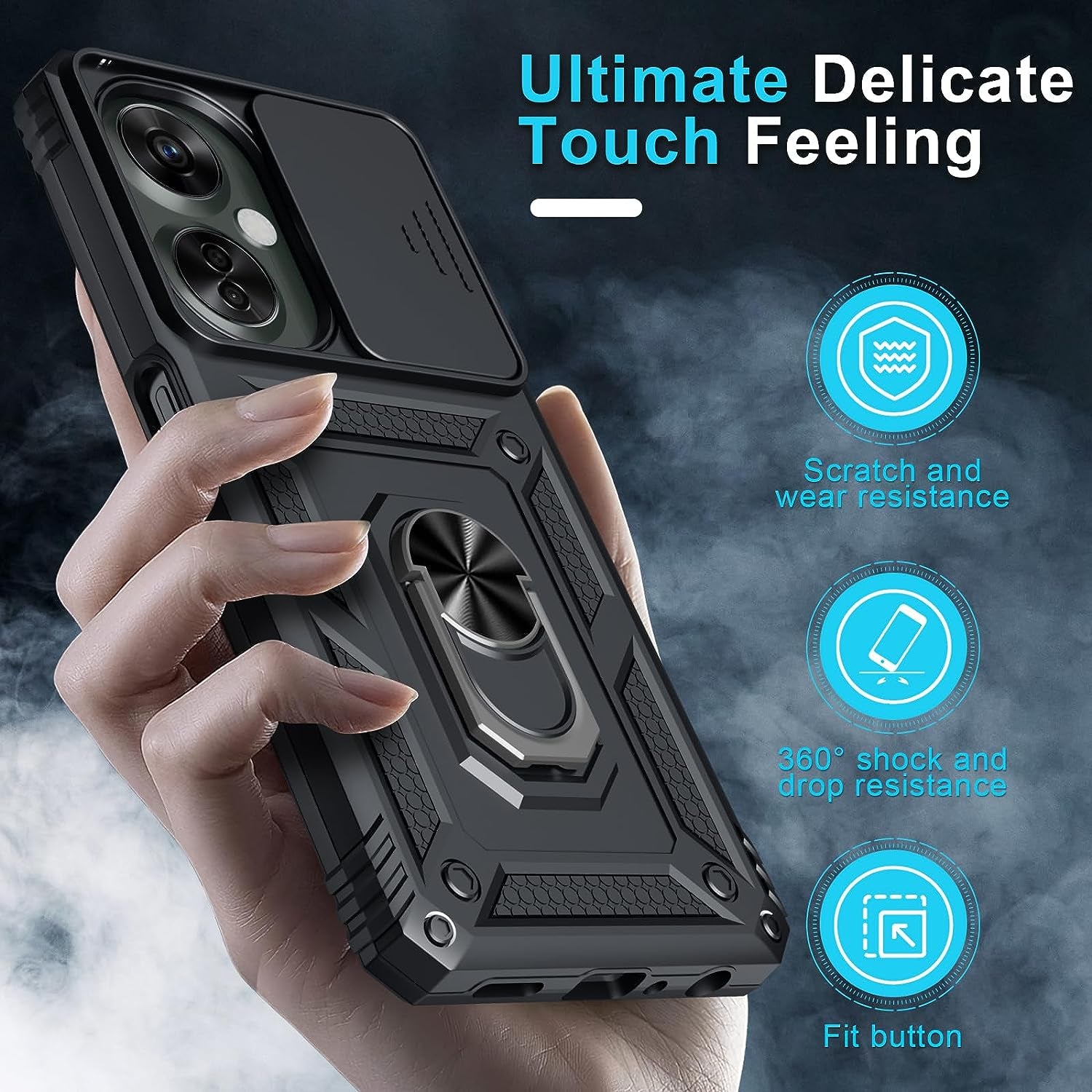 Janmitta Oneplus Nord N30 5G Case Built in Slide Camera Lens Cover+Screen Protector+Finger Ring Holder Kickstand,Heavy Duty Shockproof Full Body Protective Phone Cover,2023 Black  Janmitta   