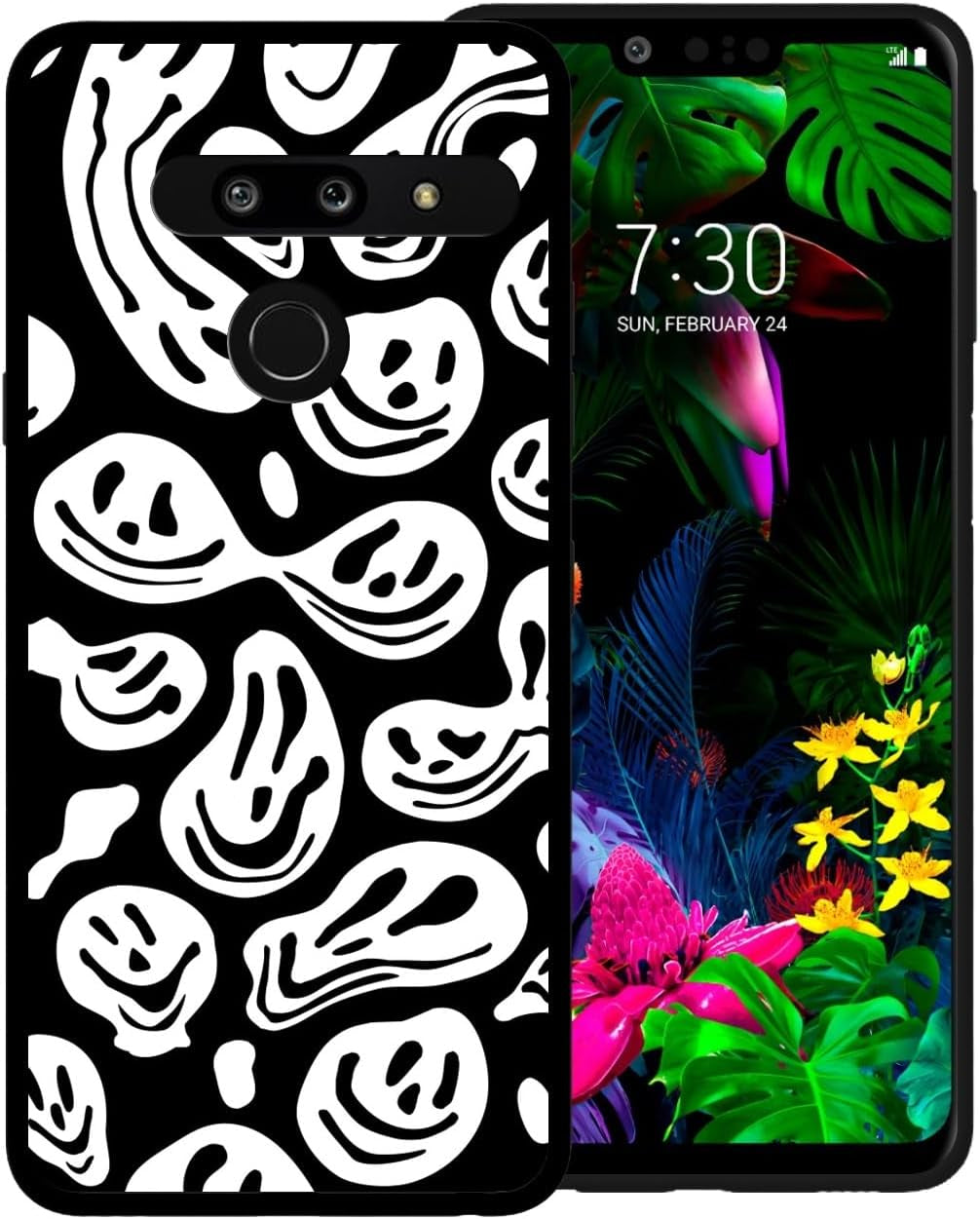 Zaztify Phone Case for LG G8 Thinq, Pastel Pink White Funny Trippy Dripping Smile Melted Hippie Smiling Skull Ghost Face Shockproof Protective Cover Shell  zaztify Black White Trippy Face  