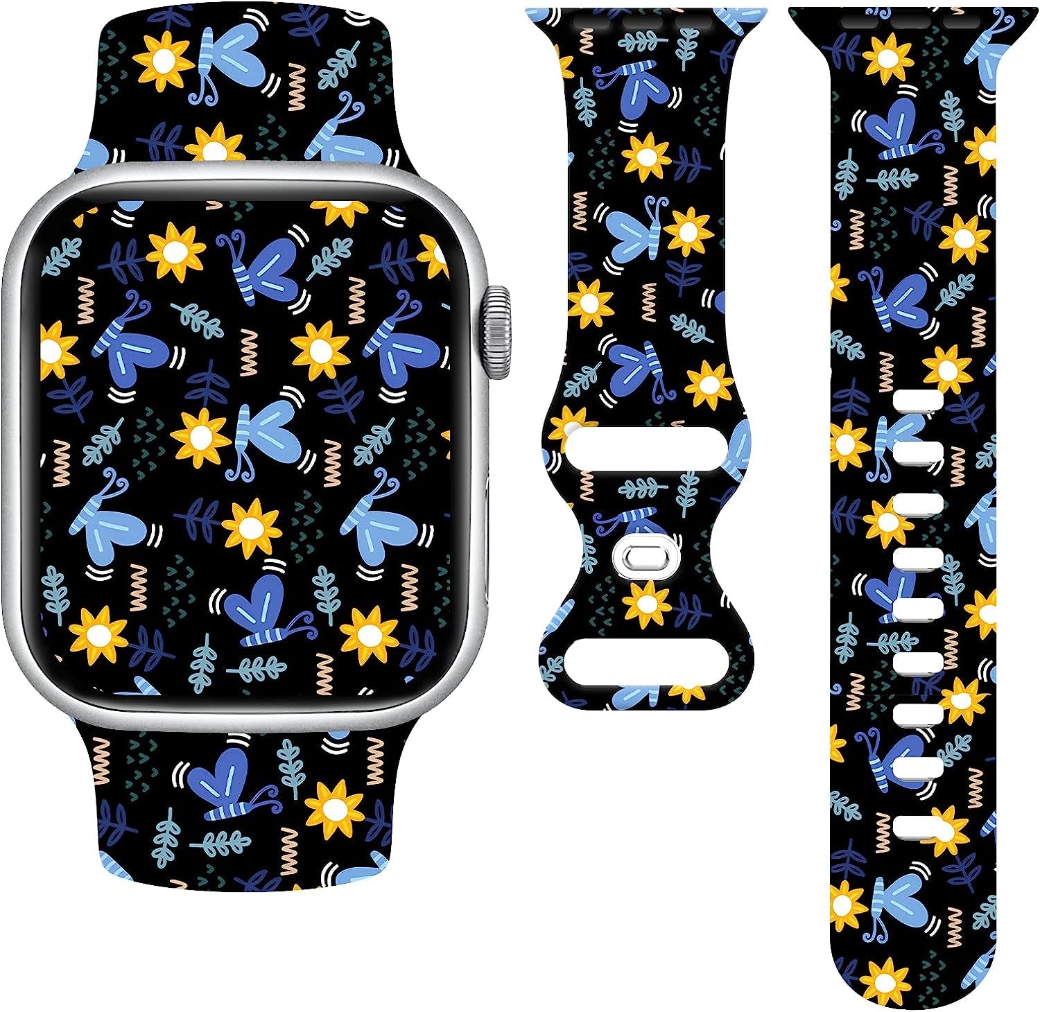 Butterfly Wristband Straps Watch Band Compatible with Apple Watch 38Mm 40Mm 41Mm, Cute Butterfly Silicone Fadeless Pattern Printed Replacement Wrist Compatible with All Iwatch Series  WANSENCE Butterfly-2 38mm/40mm/41mm 