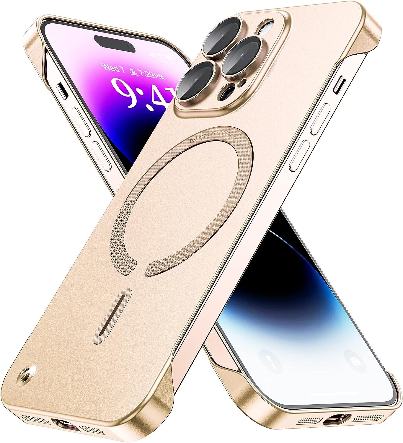 Hoerrye Magnetic Slim Fit Case for Iphone 14 Pro Max Ultra Thin Case with Full Camera Lens Protector [Compatible with Magsafe][No.1 Strong Magnetic] Frameless Phone Protective Cover,Black  Hoerrye Gold  