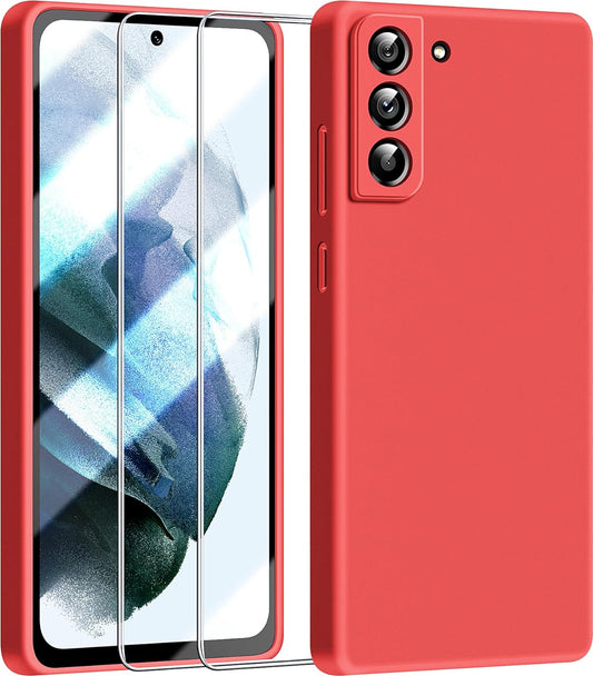 Dssairo 3 in 1 for Samsung Galaxy S21 Case, with 2 Pack Screen Protector, with Full Camera Cover Protection，Liquid Silicone Slim Shockproof Protective Phone Case 6.2 Inch (Red)……  Dssairo   