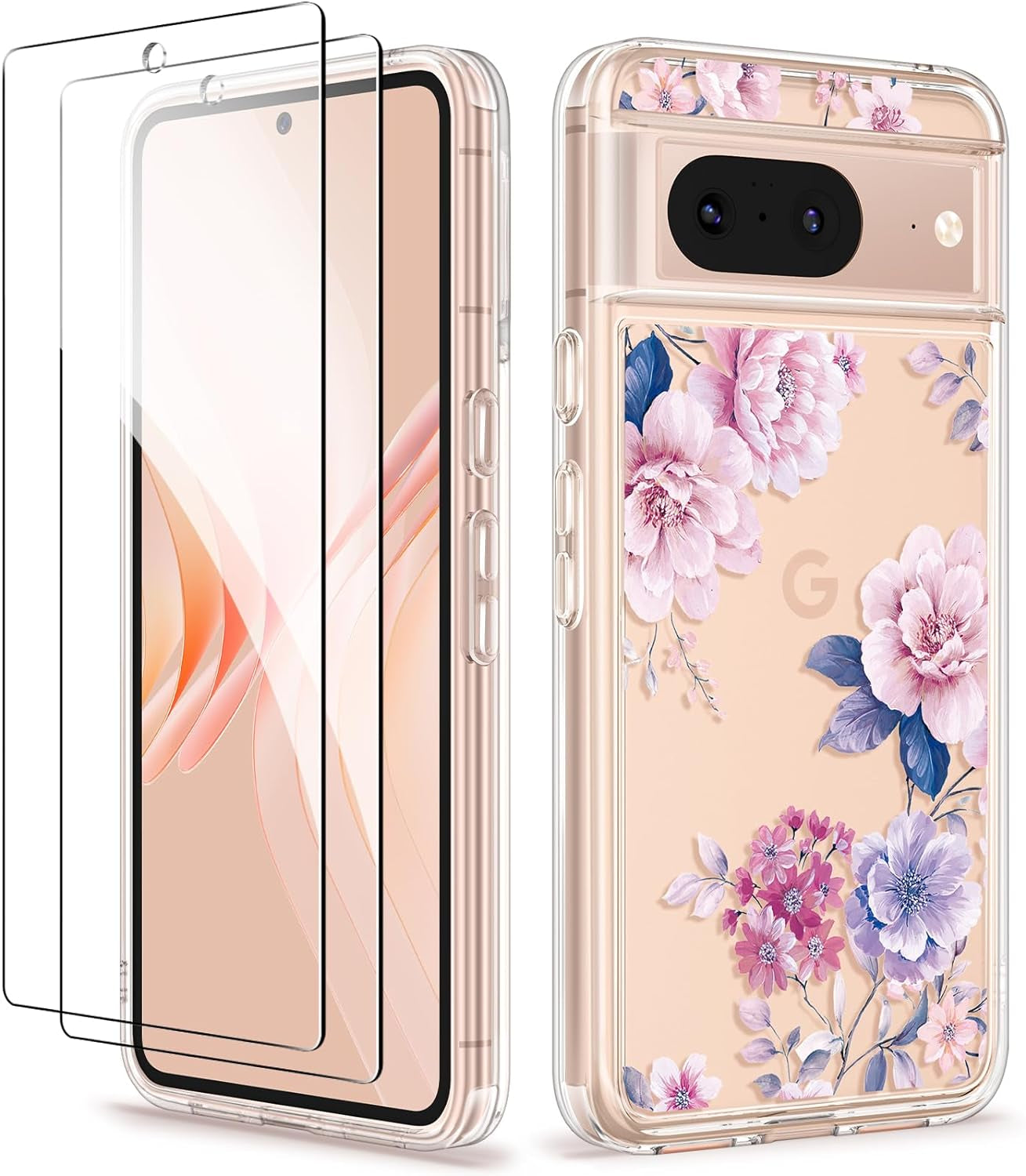 GVIEWIN Compatible with Google Pixel 8 Case with 2X Screen Protector, Clear Floral Slim Shockproof Protective Hard PC+TPU Bumper Flower Women Phone Case Cover 6.2'' 2023 (Cherry Blossoms/Purple)  GVIEWIN Peony Flower/Pink For Google Pixel 8 (6.2-Inches, 2023) 