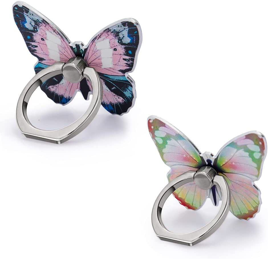 Finger Ring Stand,2 Pack Luxury Glitter Diamond Universal Metal Finger Ring Grip Holder Kickstand for Iphone 14 13 11 Pro Max 8 7 6S Plus,Galaxy S22 Ultra S10 plus S8 S7 Note,All Smartphone,Pink/Bow  WATACHE Cyan+Flower Butterfly  