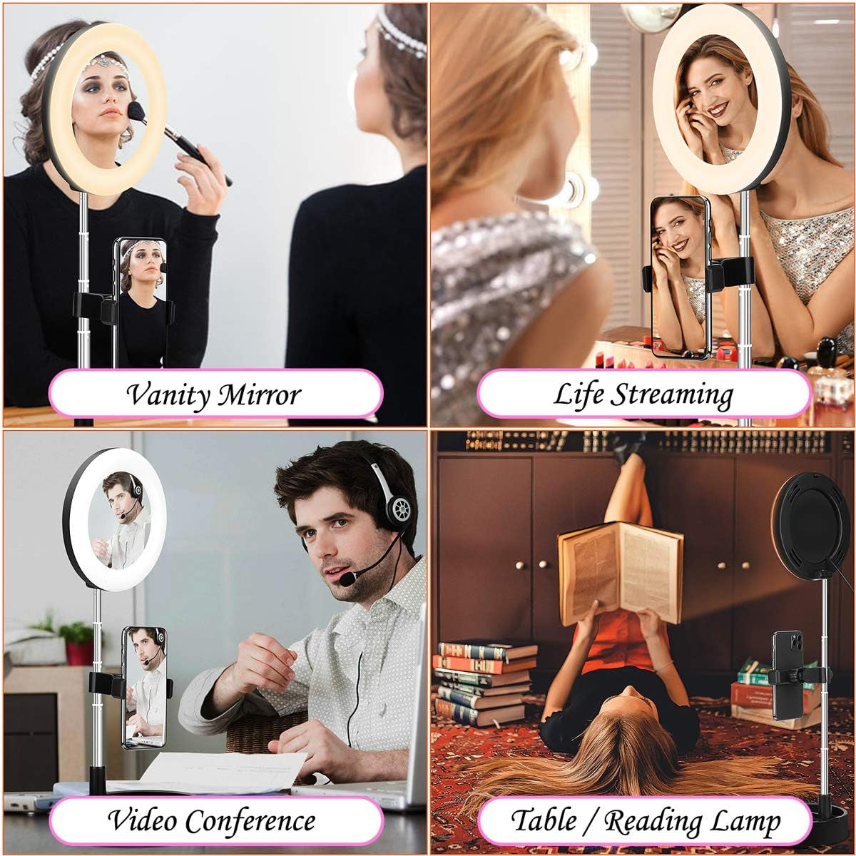Portable Multi-Functional 6.3" Dimmable LED Selfie Continuous Video Halo Ring Light Zoom Live Stream Phone Holder Stand with Makeup Vanity Mirror Foldable Online Meeting Table Lamp (Pink)  Regal Signature   
