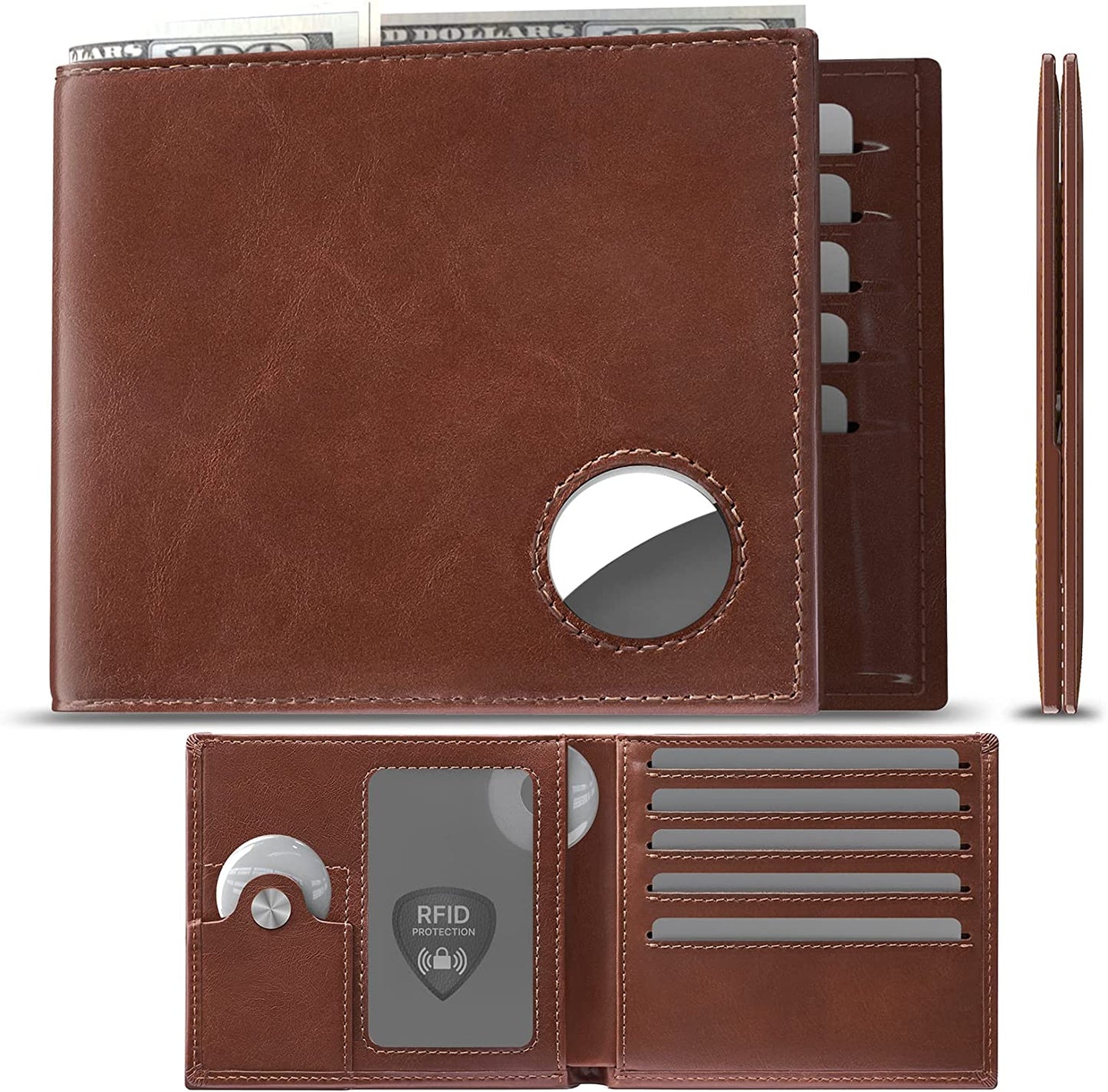 Men'S Leather Wallet with Stealth Pocket for Airtag | Top Grain Leather | Bifold | RFID Blocking | 8-16 Card Capacity | Bill Divider | ID Window | Hidden Pocket Compatible with Apple Air Tag (Black)  typecase   