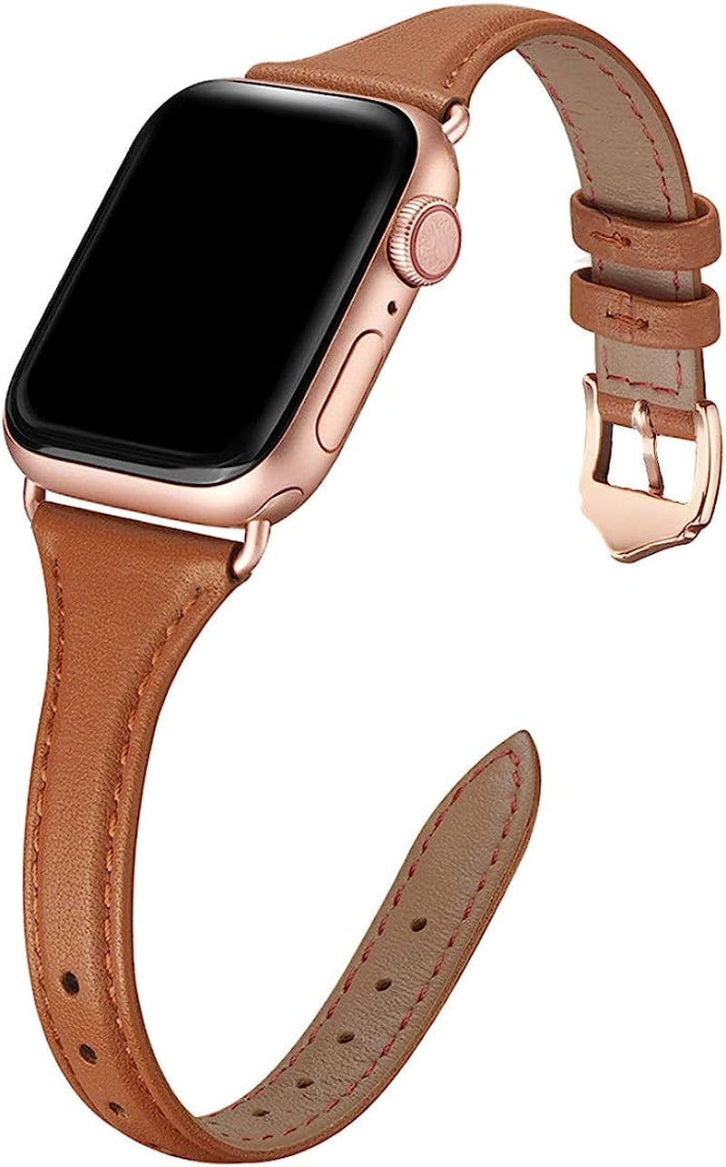 WFEAGL Leather Bands Compatible with Apple Watch Band 38Mm 40Mm 41Mm 42Mm 44Mm 45Mm 49Mm Women, Top Grain Leather Strap Slim & Thin Replacement Wristband for Iwatch Ultra SE & Series 8 7 6 5 4 3 2 1  WFEAGL Brown/RoseGold 38mm 40mm 41mm 