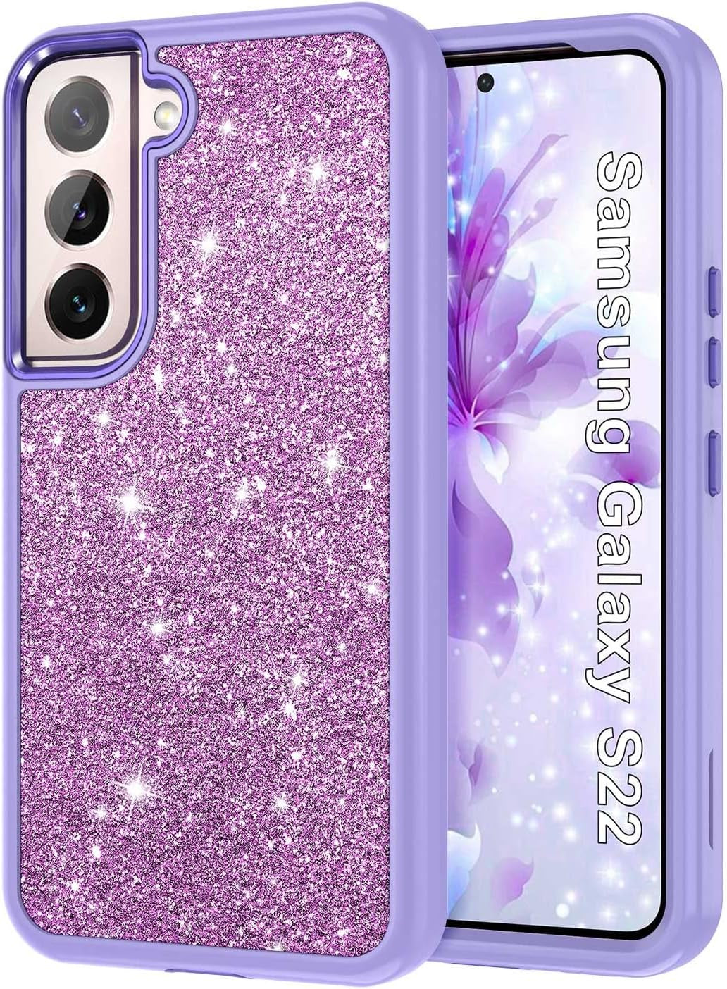 Btscase for Samsung Galaxy S22 5G Case,Marble Pattern 3 in 1 Heavy Duty Shockproof Full Body Rugged Hard Pc+Soft Silicone Drop Protective Women Girl Cover for Samsung Galaxy S22,Dreamland River/Purple  Btscase Lavender Sparkly  