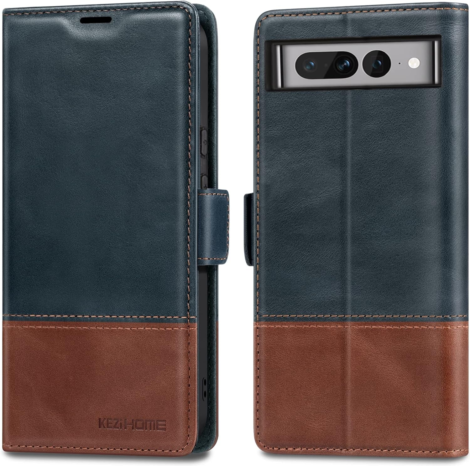 Kezihome Case for Google Pixel 7A, Genuine Leather Wallet Case with Card Holder [RFID Blocking] Kickstand Flip Protective Heavy Duty Phone Cover for Google Pixel 7A 5G 2023 (Red/Brown)  KEZiHOME Navy Blue/Brown Google Pixel 7 Pro 