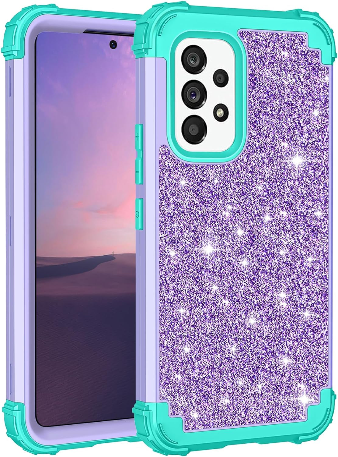 LONTECT for Galaxy A53 5G Case Glitter Sparkly Bling Shockproof Heavy Duty Hybrid Sturdy High Impact Protective Cover Case for Samsung Galaxy A53 5G 2022, Dark Blue/Green  Lontect Shiny Purple/Green  
