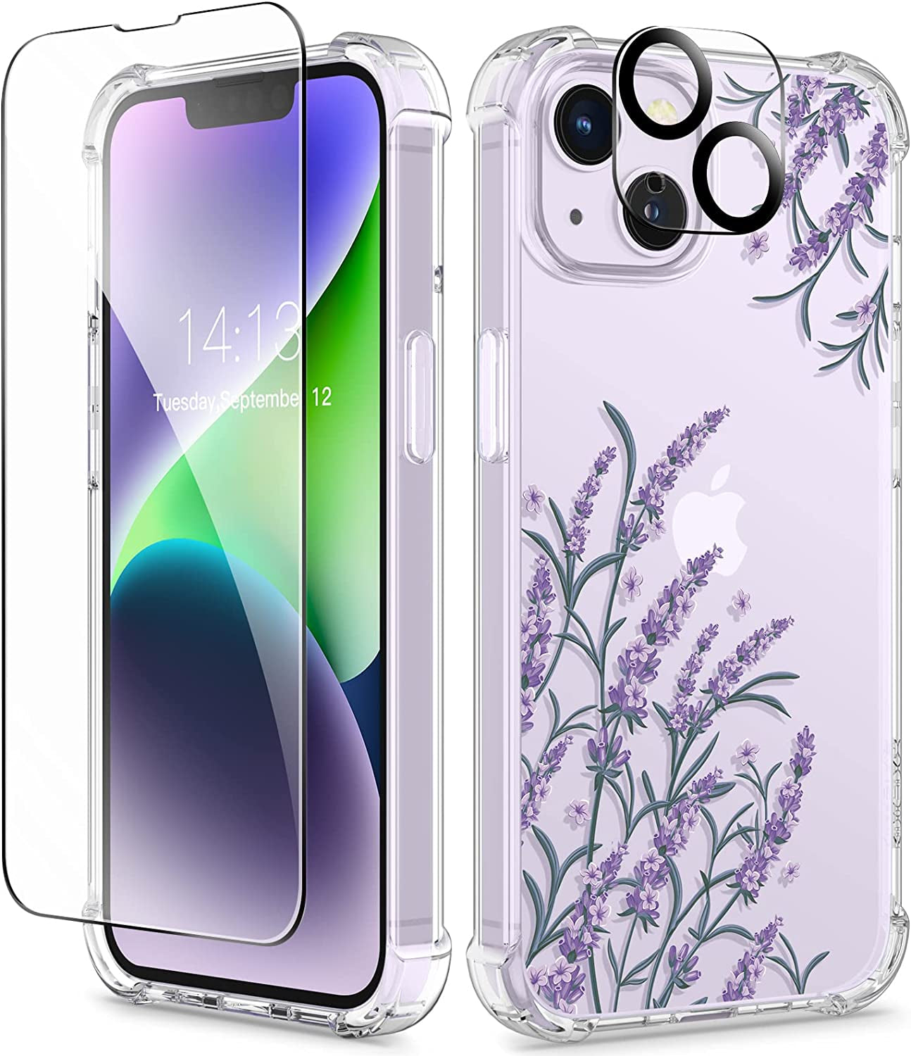 GVIEWIN Compatible with Iphone 14 Case with Screen Protector+Camera Lens Protector, Soft Shockproof Clear Floral Phone Protective Cover for Women, Flower Pattern Design 6.1"(Alluring Butterfly/Purple)  GVIEWIN Daphne/Purple  