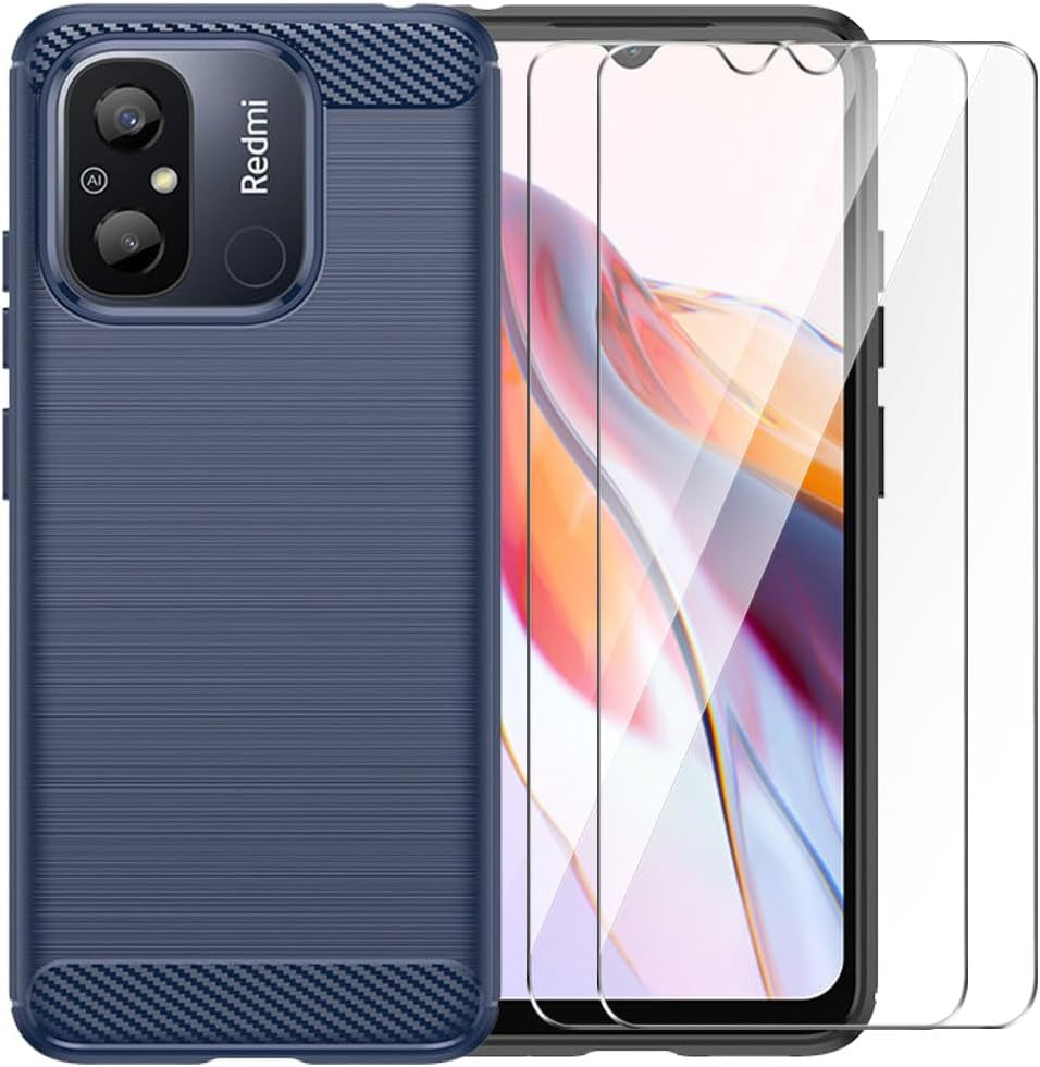 WDMYLFTW for Xiaomi Redmi 12C Case with 2 HD Screen Protector, Upgraded Non-Slip Shock-Absorption Flexible TPU Carbon Fiber Bumper Soft Rubber Protective Phone Case Cover (Navy)  WDMYLFTW   