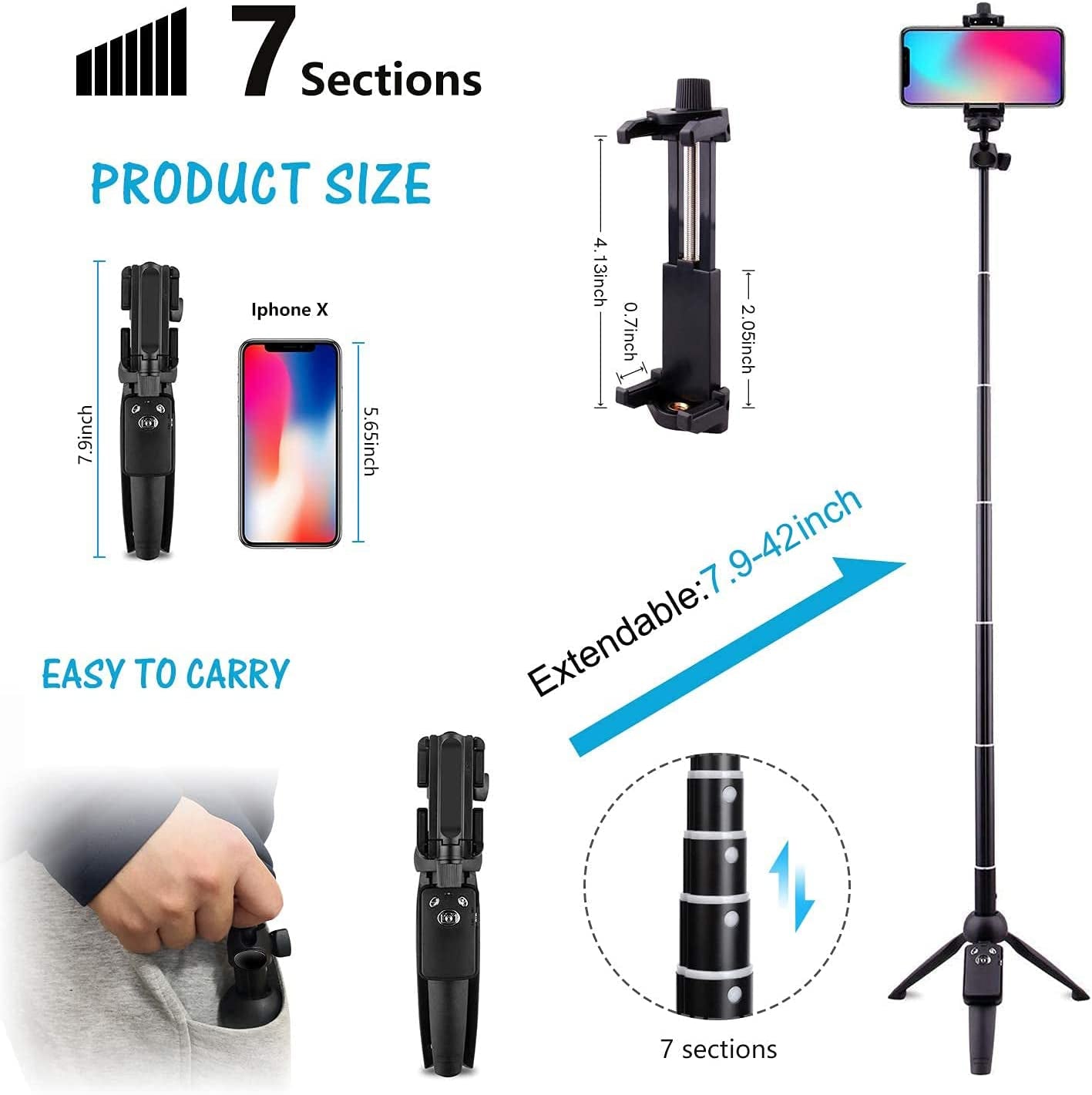 Selfie Stick, Iphone Tripod Stand with Wireless Remote, 42" Best Selfie Stick for Iphone 14 13 12 Pro Max Samsung Cellphone, Mini Portable Travel Small Tripod for Iphone Android Filming  KONPCOIU   