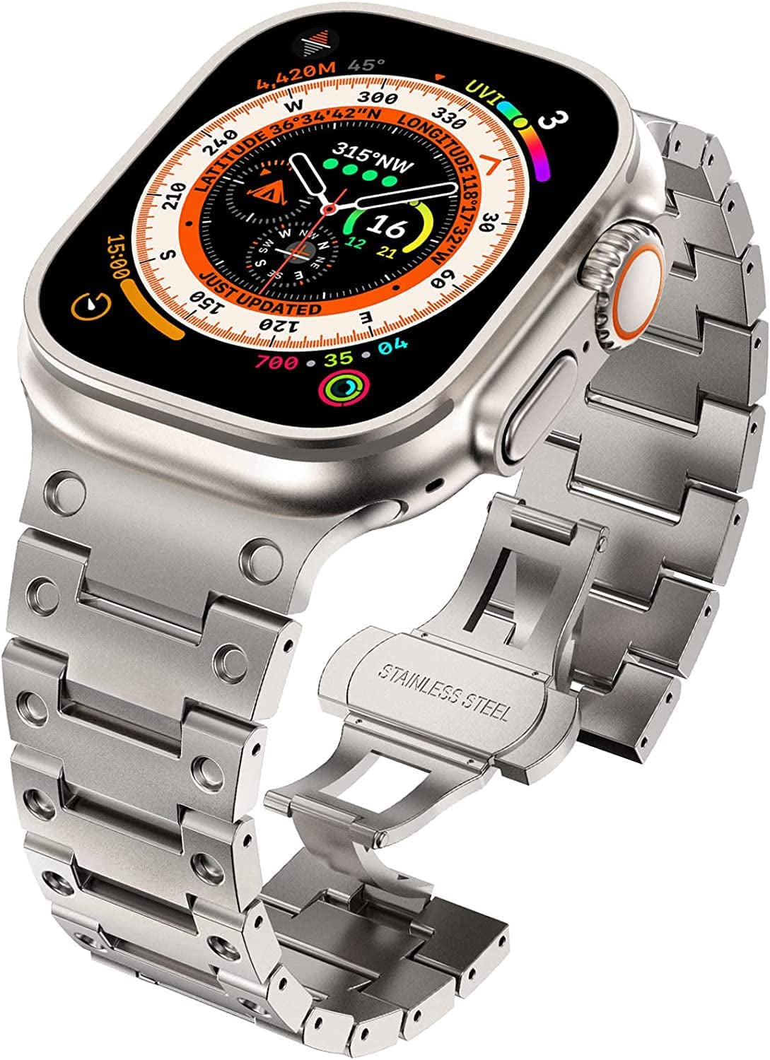 WINGLE Compatible for Apple Watch Ultra Band 49Mm 44Mm 45Mm 42Mm Series 8 7 Men, Stainless Steel Band Metal Strap Wristband for Apple Watch Iwatch Ultra SE 6 5 4 3 2 1 Link Women, Titanium  WINGLE Titanium Color Ultra 49mm/45mm/44mm/42mm 