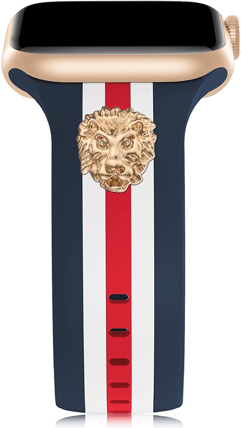 Designer Band with Charms Decor Compatible with Apple Watch Band 38Mm 40Mm 41Mm 42Mm 44Mm 45Mm 49Mm Women Men, Stylish Silicone Sport Wristbands for Iwatch Series 8 7 6 5 4 3 2 1 SE Ultra  Bagoplus Blue/White/Red with Lion 38mm/40mm/41mm 