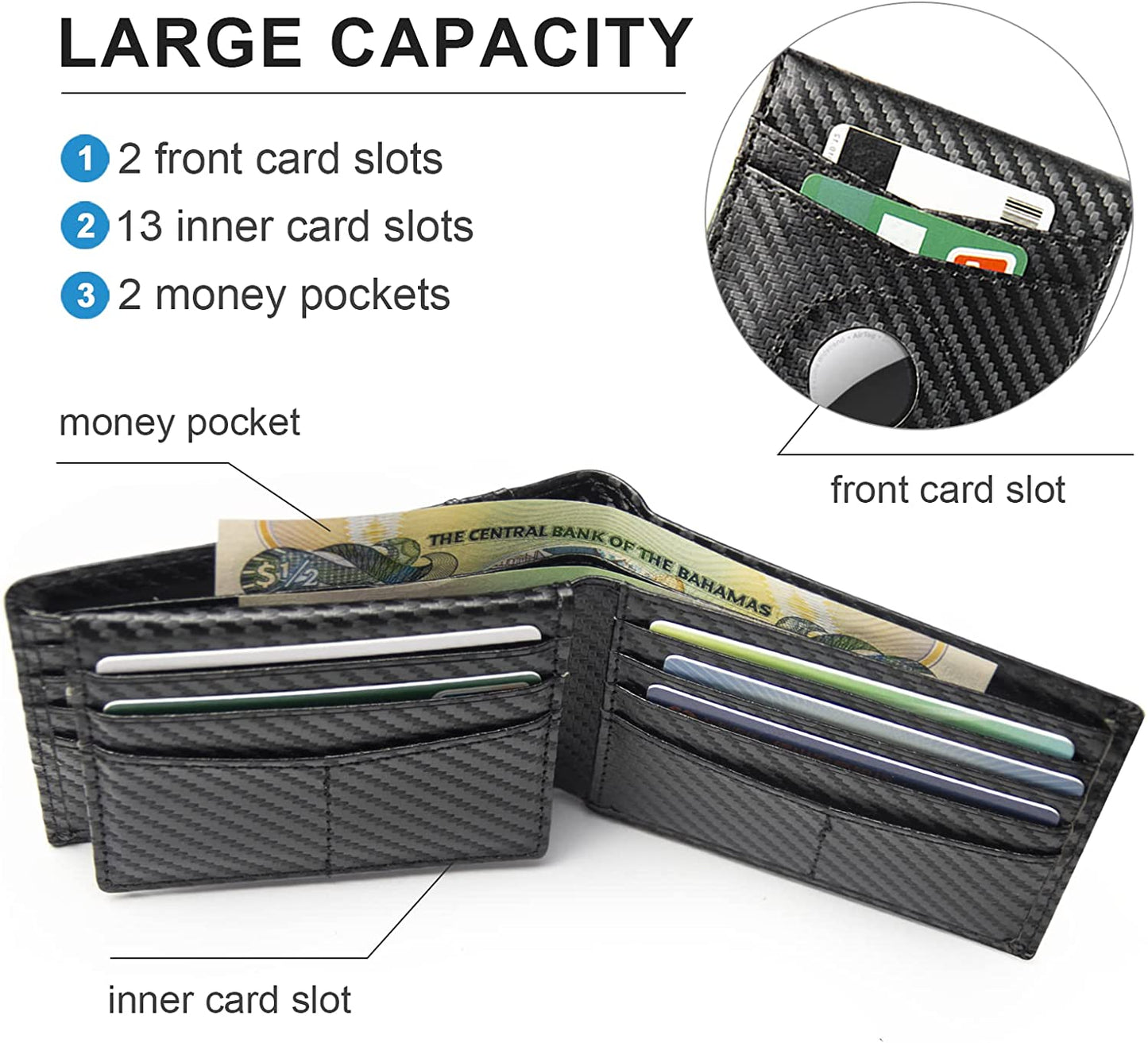 GACEMIU Airtag* Wallet Mens Bifold Leather Carbon Fiber Wallet Air Tag Wallet with Card Holder RFID Blocking Gifts for Men  GACEMIU   