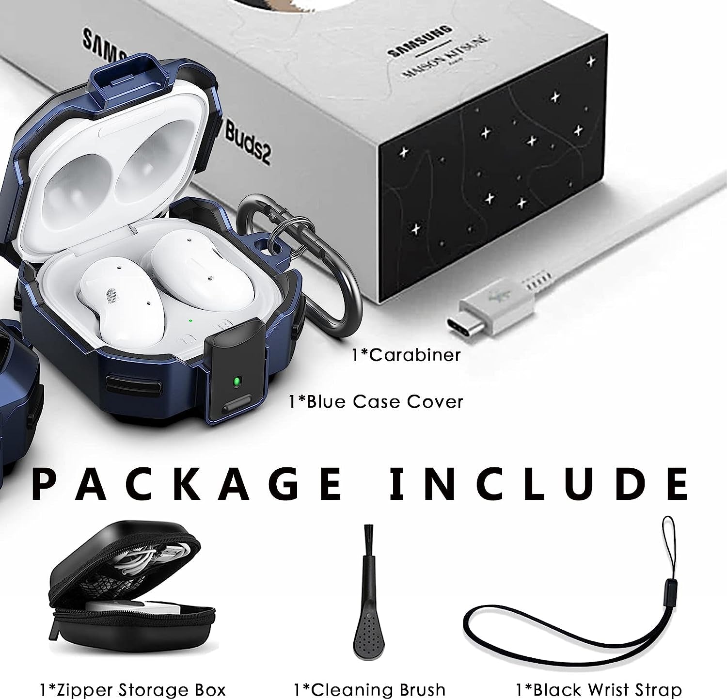 (With Secure Lock) Armor Case Cover for Samsung Galaxy Buds2 Pro Case(2022) /Galaxy Buds Pro Case(2021) /Galaxy Buds 2 Case (2021) /Galaxy Buds Live Case(2020) with Keychain/Zipper Box/Brush -Blue  Galafoki   