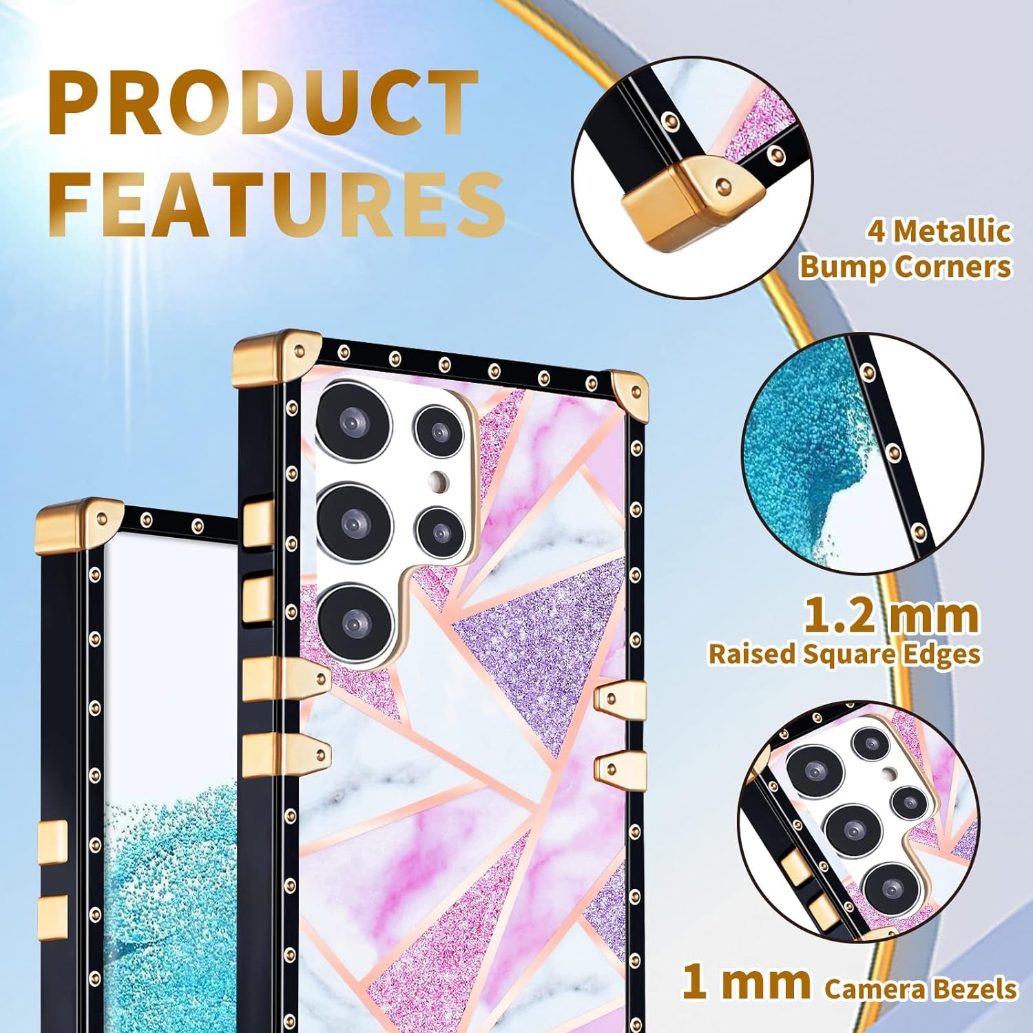 Loheckle for Samsung Galaxy S22 Ultra Case for Women Girls with Ring Stand Holder and Lanyard, Marble Camo Retro Luxury Glamour Cute Square Edges Phone Cover for S22 Ultra  JianKeJi   