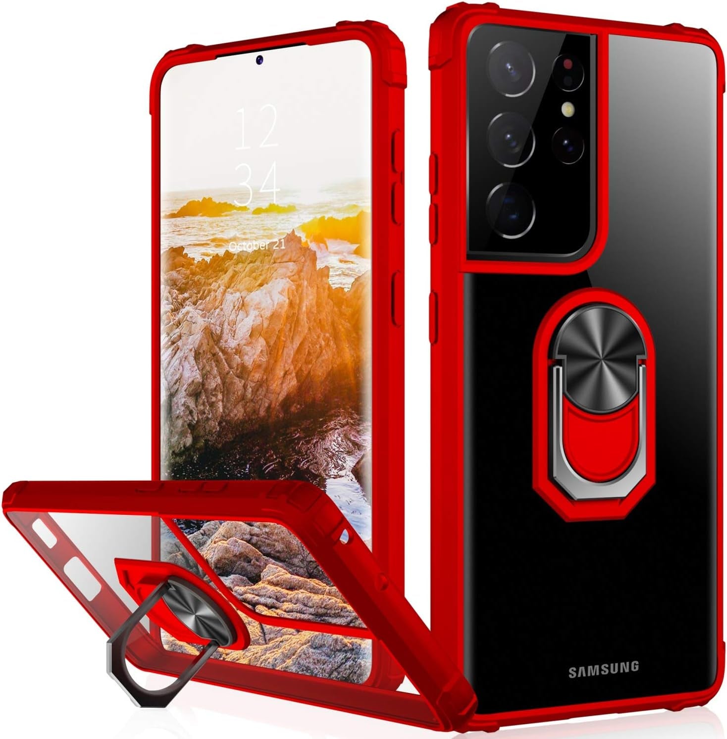 IKAZZ Galaxy S21 plus Case,Samsung S21 plus Cover Military Grade Shockproof Heavy Duty Protective Phone Case Pass 16Ft Drop Test with Magnetic Kickstand for Samsung Galaxy S21 plus Gold  IKAZZ Clear+Red Galaxy S21 Ultra (Large 6.8") 