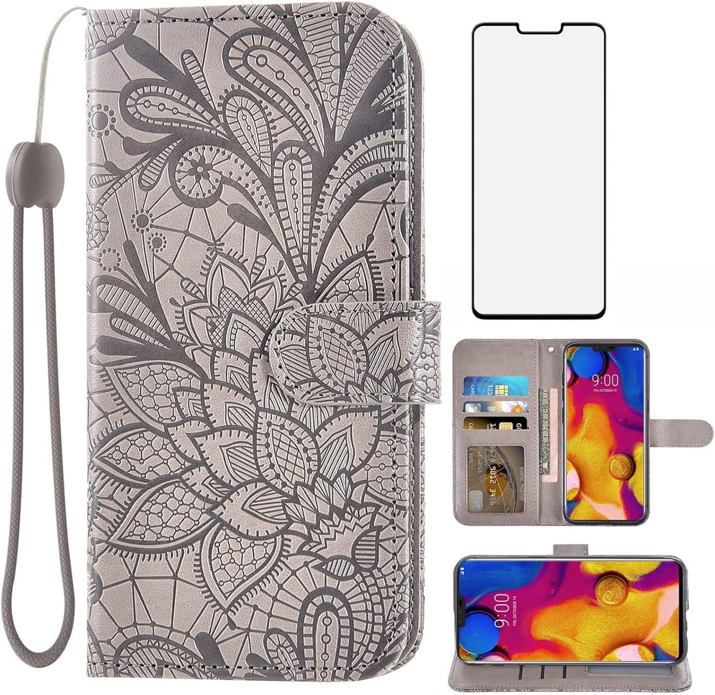 Asuwish Phone Case for LG V40 Thinq with Tempered Glass Screen Protector and Lace Wallet Cover Flip Card Holder Stand Cell Accessories LGV40 Storm V 40 Thin Q V40Thinq LG40 40V 40Thinq Women Men Grey  Asuwish   