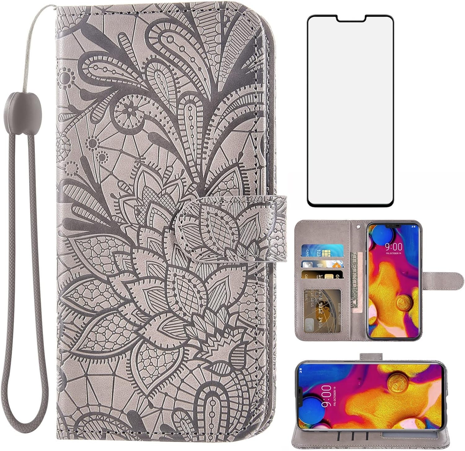 Asuwish Phone Case for LG V40 Thinq with Tempered Glass Screen Protector and Lace Wallet Cover Flip Card Holder Stand Cell Accessories LGV40 Storm V 40 Thin Q V40Thinq LG40 40V 40Thinq Women Men Grey  Asuwish   