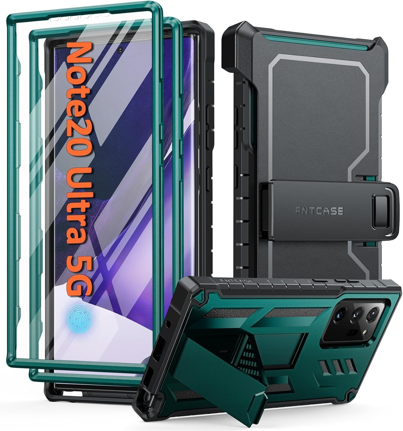 FNTCASE for Samsung Galaxy Note-20-Ultra Case: with Belt-Clip Holster & Built-In Screen Protector & Kickstand, Full-Body Dual Layer Rugged Heavy Duty Shockproof Protective Cell Phone Cover 5G-Black  FNTCASE Green  