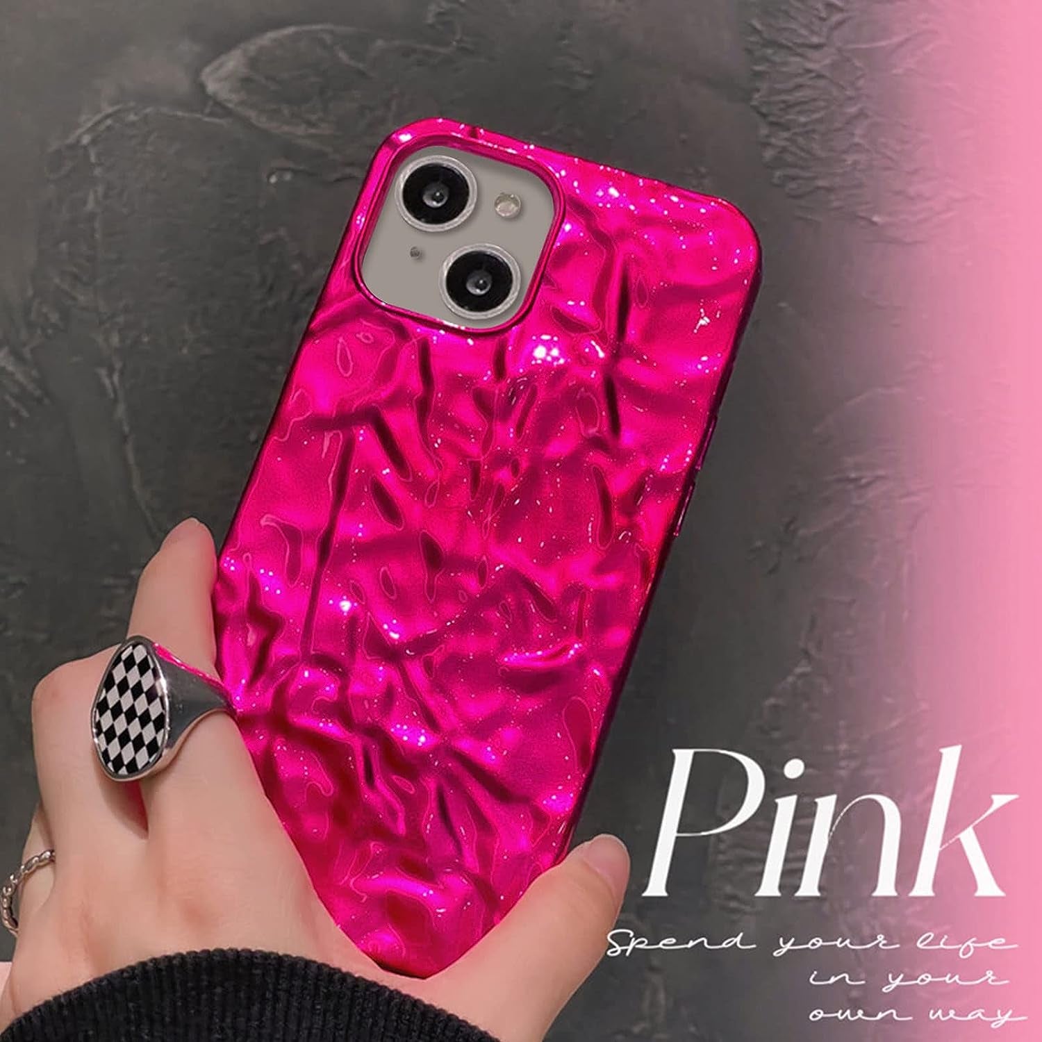 Yebowe Compatible with Iphone 13 Mini Case, Cute 3D Tin Foil Pleated Luxury Phone Cover for Women Girls Cool Bling Designer Soft Silicone Case for Iphone 13 Mini, Pink  Yebowe   