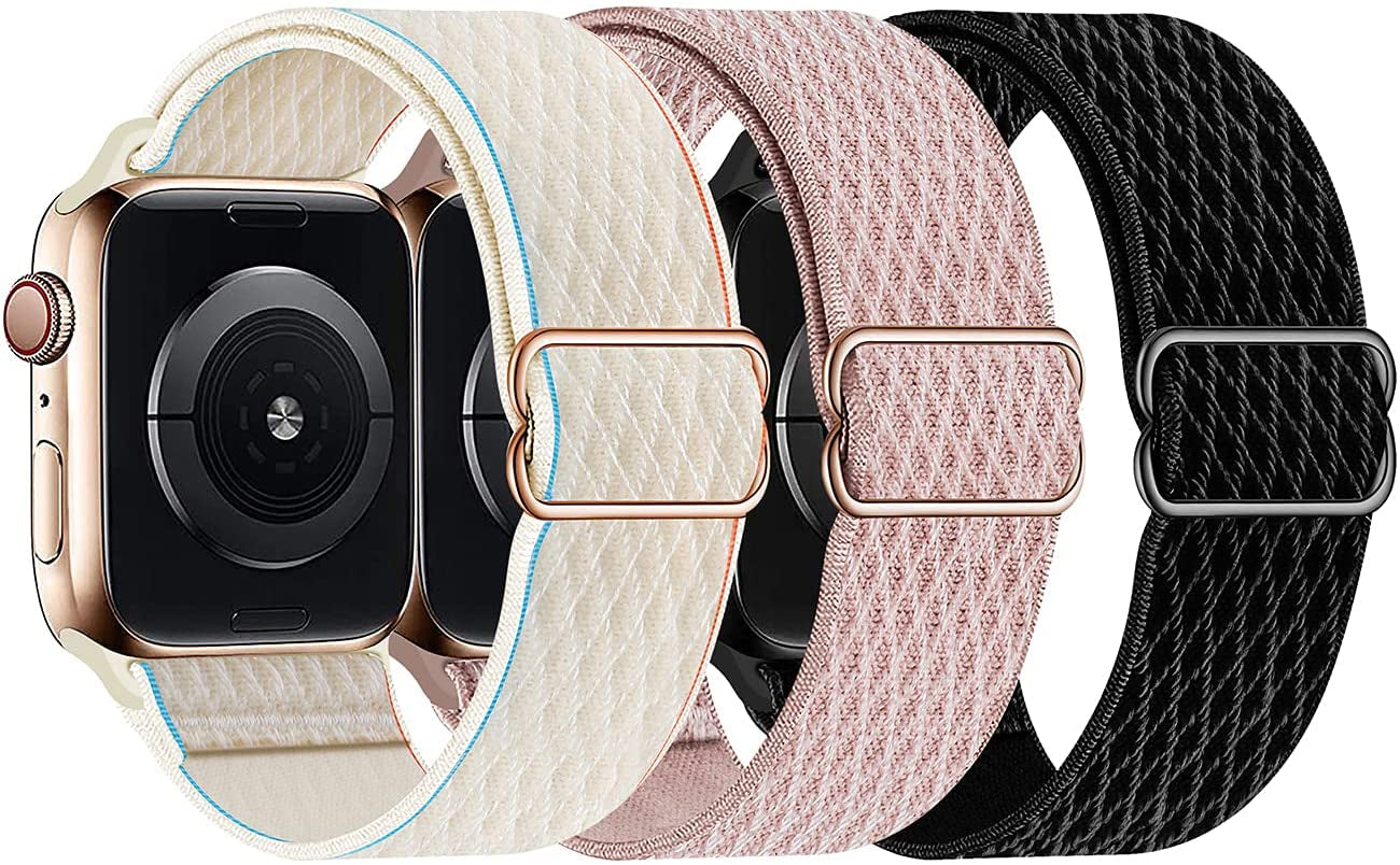 Swhatty Stretchy Nylon Solo Loop Bands Compatible with Apple Watch 41Mm 40Mm 38Mm, Adjustable Braided Sport Elastics Women Men Strap for Iwatch Series 8 7 6 5 4 3 2 1 SE (Black, Rose Pink, Cream)  Swhatty   