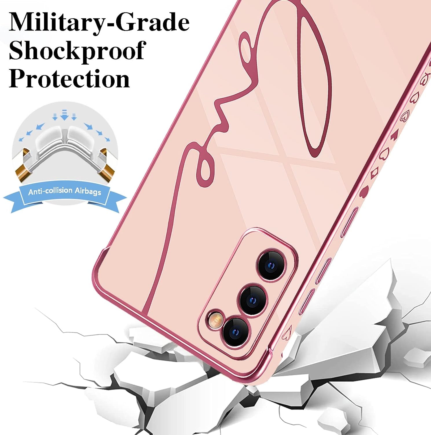 Eiyikof Compatible for Samsung Galaxy S20 FE 5G 6.5" Case with Cute Side Love Heart and Plating Love Letter Pattern Case for Women Girls Shockproof Soft TPU Full Camera Lens Protection Case-Pink  Eiyikof   