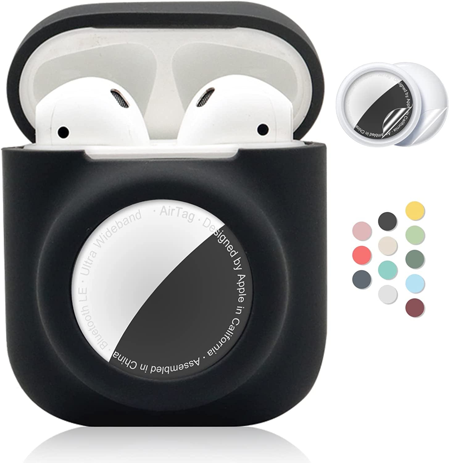 2 in 1 Silicone Protective Skin Cover Compatible with Airpod 1&2 and Airtag, Soft Comprehensive Protective Case with 2 PCS TPU Screen Protector, Anti-Scratch Anti-Fall Anti-Lost(Black)  Enspito   