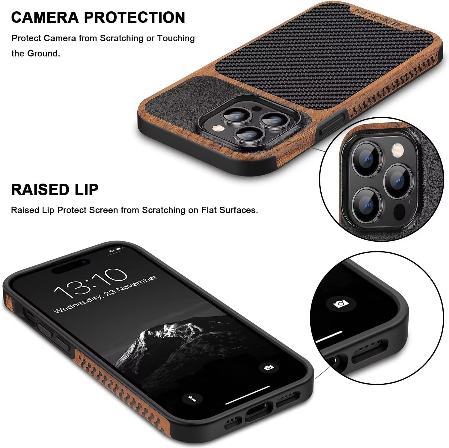 TENDLIN Compatible with Iphone 14 Pro Case Wood Grain with Carbon Fiber Texture Design Leather Hybrid Slim Case Black  TENDLIN   
