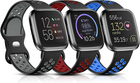 Witzon Sport Bands Compatible with Fitbit Versa 2 / Versa / Versa Lite for Women Men, Breathable Silicone Replacement Wristbands for Versa 2 Smartwatch, Small, Black-Gray/Black-Red/Black-Blue  Witzon   