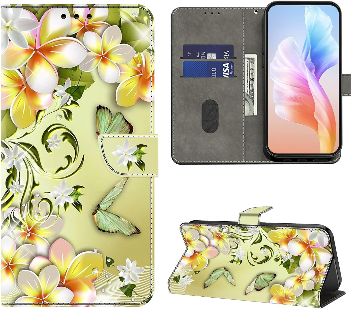 VODEFOX Case for LG G7 Thinq/Lg G7, PU Leather Wallet Case for LG G7 Thinq/Lg G7 6.1", Cute 3D Cartoon Design Card Slot Magnetic Closure Stand Protective Cover for Women - Golden Butterfly  VODEFOX Green Floral Butterfly Lg G7 Thinq 