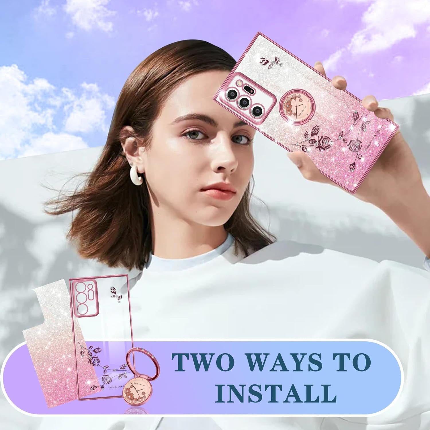 Coralogo (3In1 for Samsung Galaxy Note 20 Ultra Case Glitter Sparkly for Women Girls Bling Shiny Phone Cover Cute Flowers Floral Unique Design with Ring Pretty Cases for Galaxy Note 20 Ultra 5G 6.9''  Coralogo   