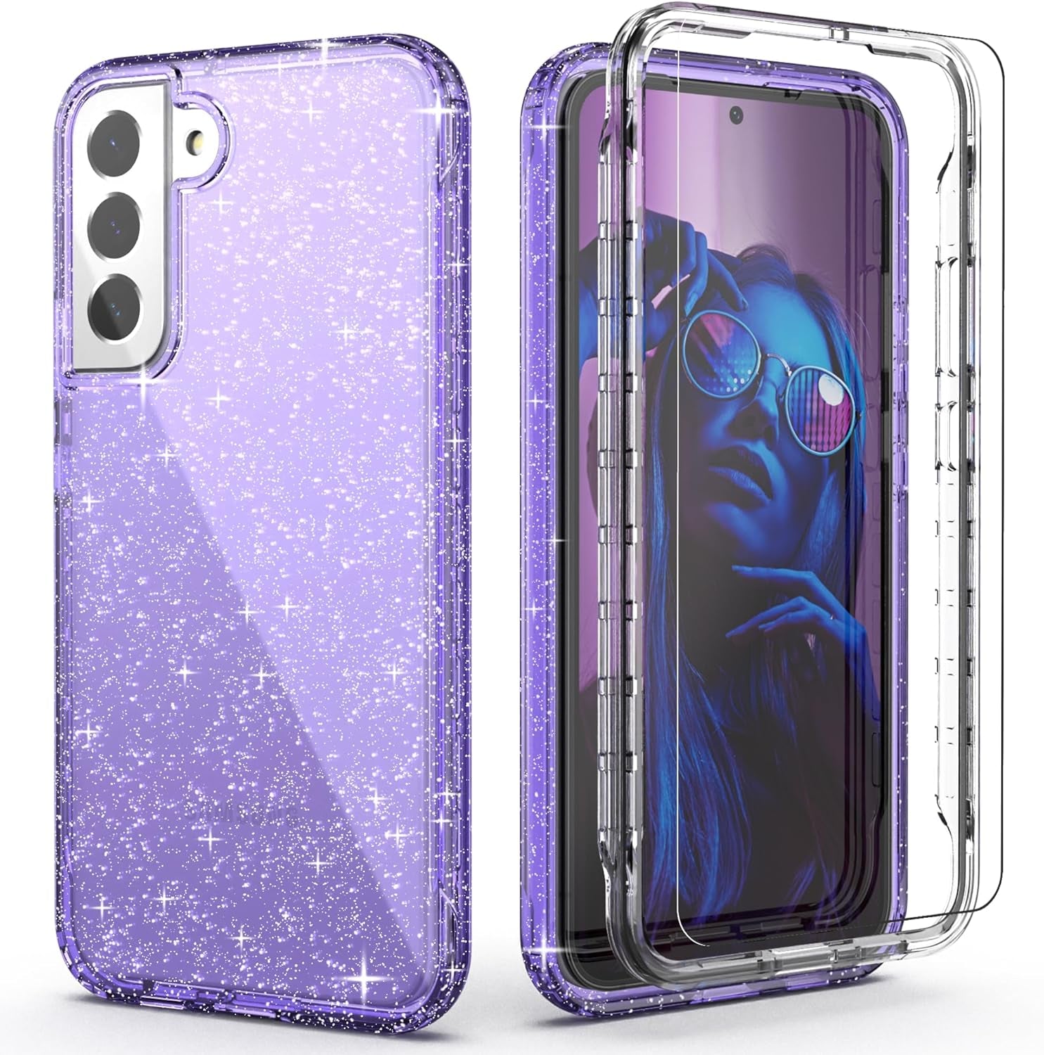 Idweel Clear Galaxy S22 plus Case with Tempered Glass Screen Protector,Hybrid 2 in 1 Shockproof Soft Slim Transparent Case with TPU Bumper, Protective Silicone Airbag Cover for Samsung S22 Plus  IDweel Purple Glitter  