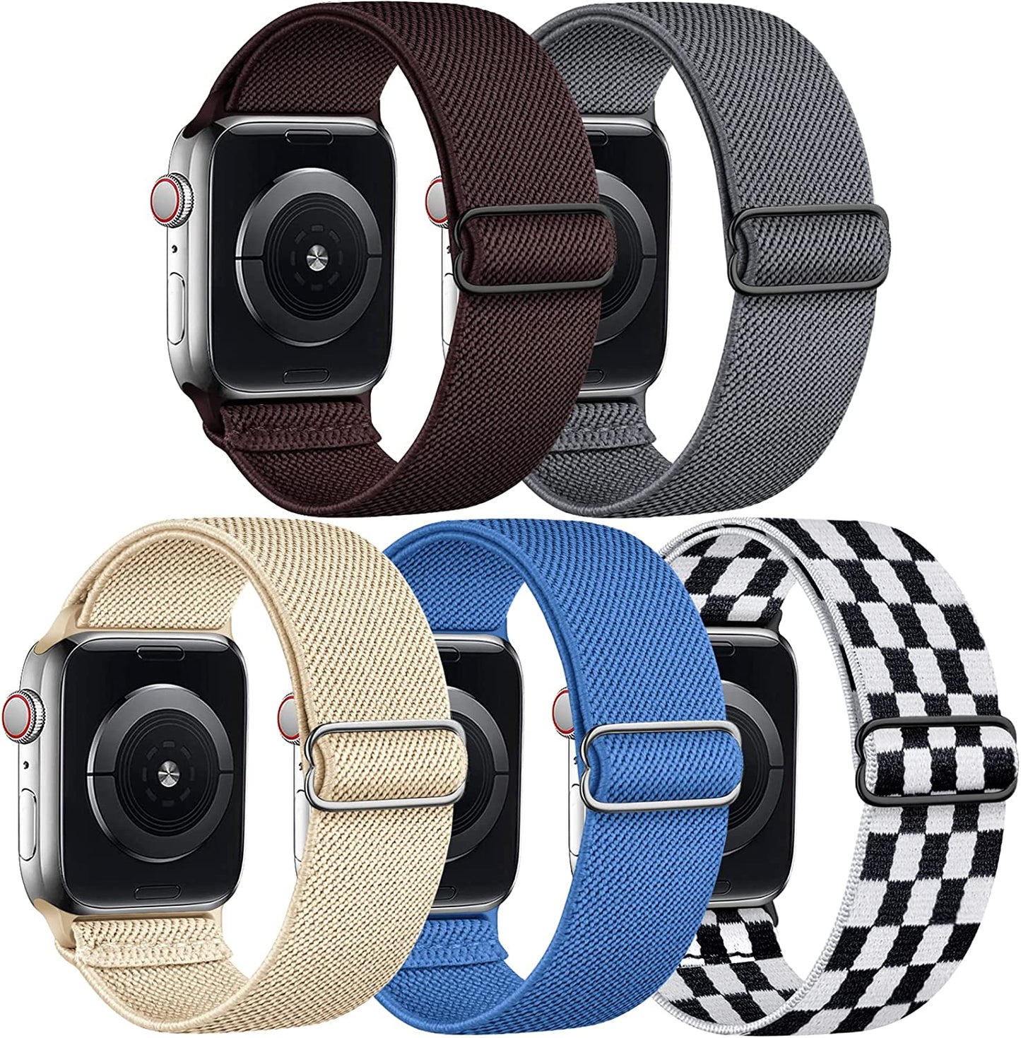 Cangroo 5 Pack Stretchy Nylon Bands Compatible with Apple Watch Band 38Mm 40Mm 41Mm 42Mm 44Mm 45Mm 49Mm for Women Men, Elastic Solo Loop Braided Wristbands for Iwatch SE Ultra Series 8 7 6 5 4 3 2 1  Cangroo Chocolate/Deep Grey/Beige/Sky Blue/Black White Checkboard 42mm/44mm/45mm/49mm 